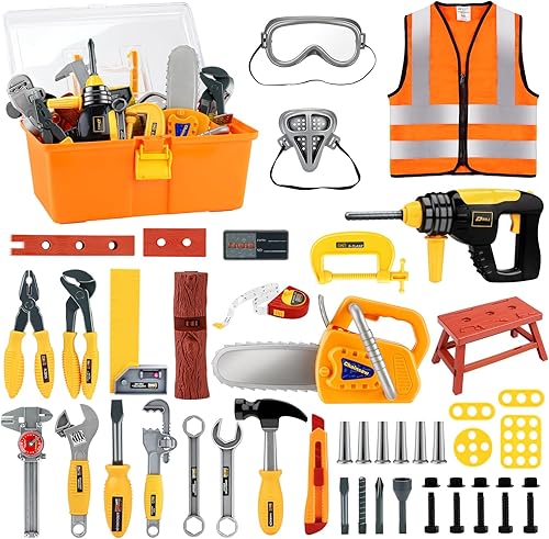 Deejoy Juego de herramientas para niños con sierra eléctrica y taladro de juguete electrónico, juego de construcción para niños de 3 a 5 años,