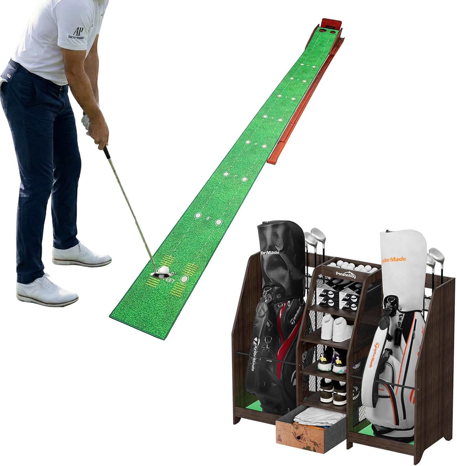 Golf Storage & Practice Bundle — Solid Wood 2 Golf Bags Organizer Rack with Drawer + Adjustable Slope Putting Green with Auto Ball Return, Complete Home Golf Setup