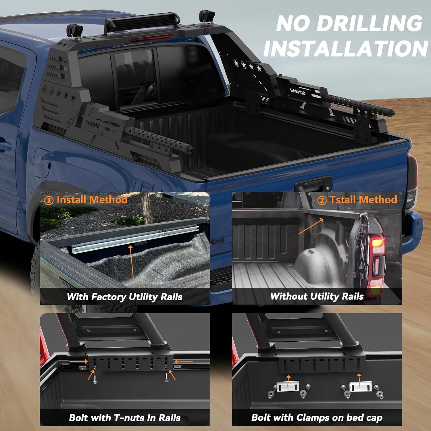 M2-Series Machine Gun Sport Roll Bar | No Drilling | Compatible with Tacoma, Ranger, Colorado, Canyon, Frontier Mid-Size Trucks | Works with T-Slot Tonneau Cover