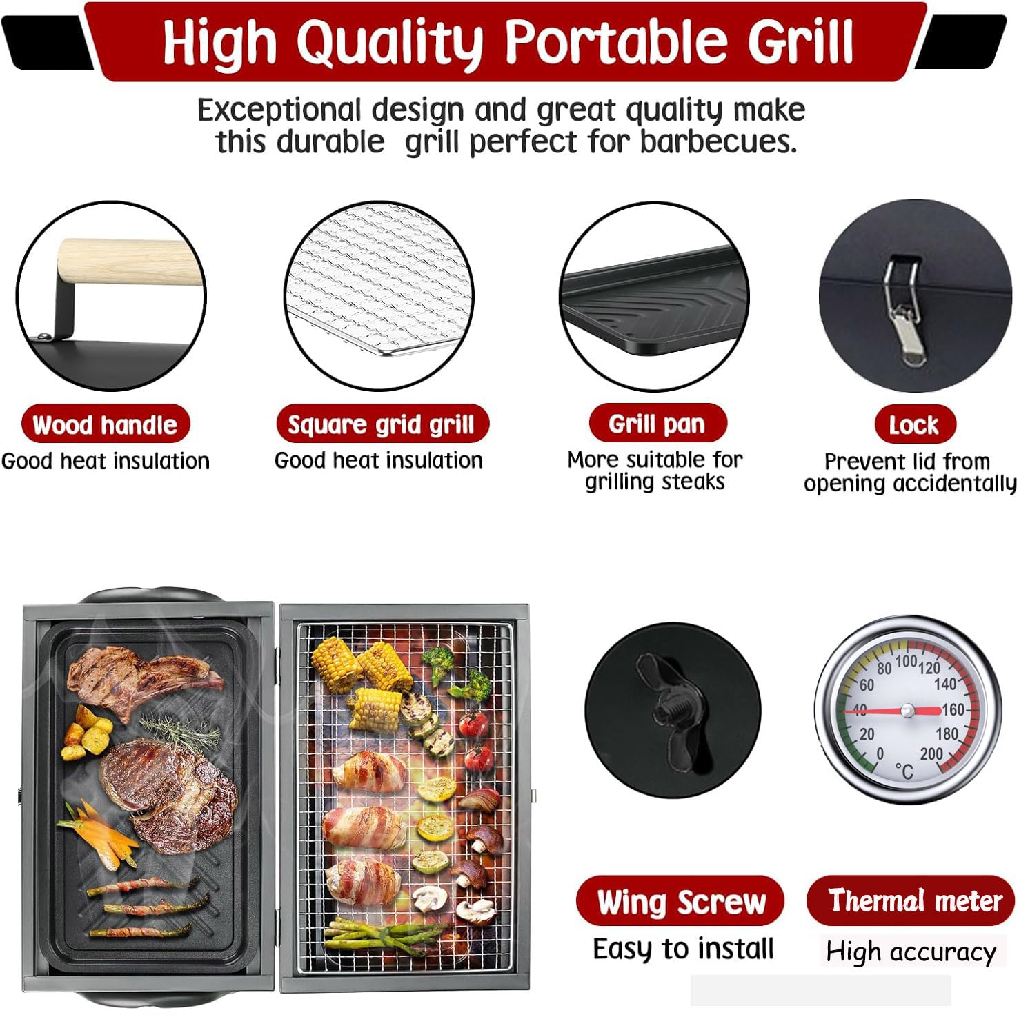 Barbecue a doppia faccia in acciaio inox con funzione griglia bifacciale, leggero, compatto, pieghevole, portatile, ideale per campeggio, festival