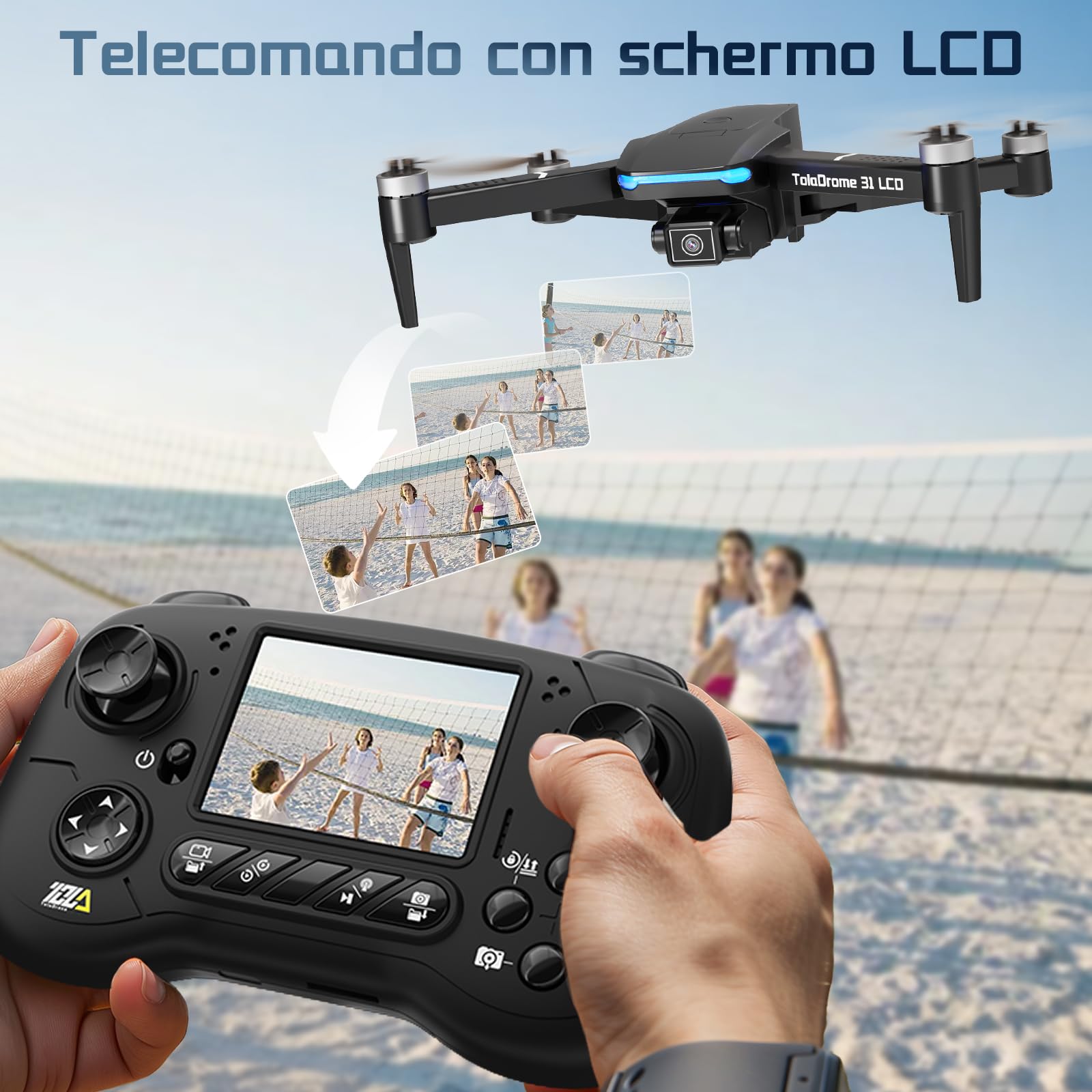 Toladrone Drone con Telecamera, Drone con Motore Brushless Drone RC con Telecamera Regolabile Motorizzata, Telecomando con Schermo LCD, Drone FPV Pieghevole RC Quadcopter per Adulti TD31LCD Drone