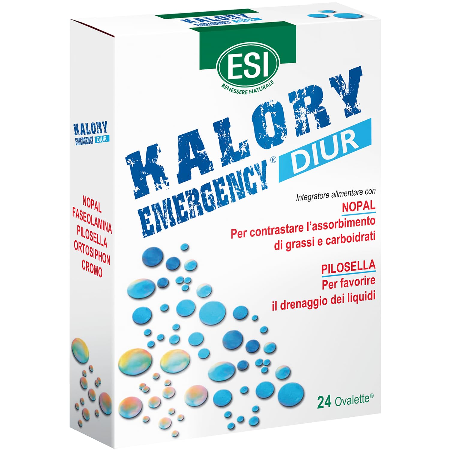 ESI - Kalory Emergency Diur, Integratore Alimentare Con Nopal E Pilosella, Favorisce Il Drenaggio Dei Liquidi E Contrasta L'Assorbimento Di Grassi E Carboidrati, Senza Glutine, 24 Ovalette