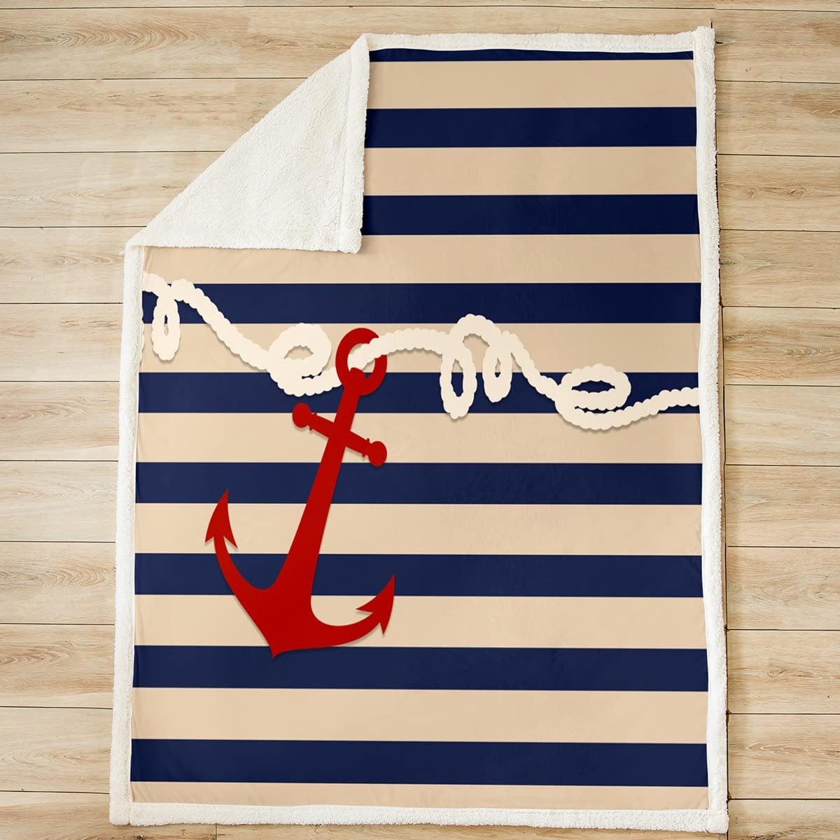 Anchor Bed Blanket Kids Girls Nautical Red Anchor Sherpa Blanket Soft Cozy Lightweight Navigation Theme Plush Fleece Navy Stripes Blanket Gifts for Bed Chair Office Sofa(Throw 50"x60")