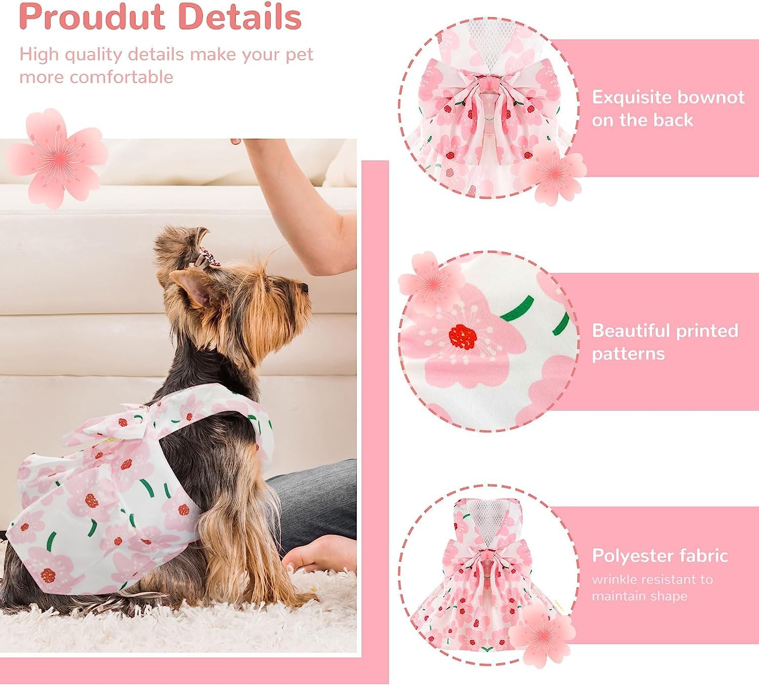 KUTKUT Polyester Dog Dress Bowknot Harness Leash Set For Small Dogs Cats Floral Pattern Girl Dog Dresses Cute Puppy Pet Doggy Breathable For Maltese,Shihtzu,Pekingese (Size: M,Chest: 40Cm,1 Count)