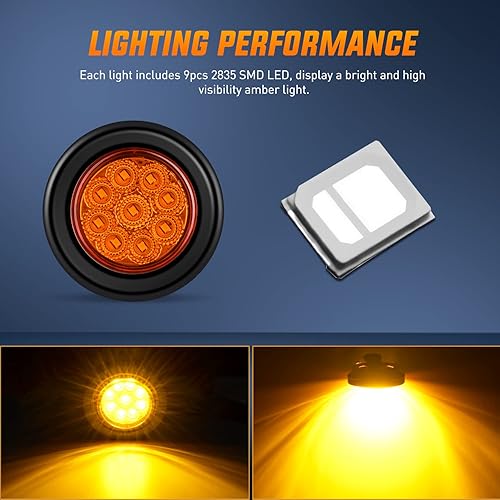 Miniatura 4 de Nilight Luz de Marcador Redonda de 2 Pulgadas 2PCS Ámbar 9LED Luces de Gálibo Montaje Empotrado con Enchufe Ojal Pigtail Cableado Directo para