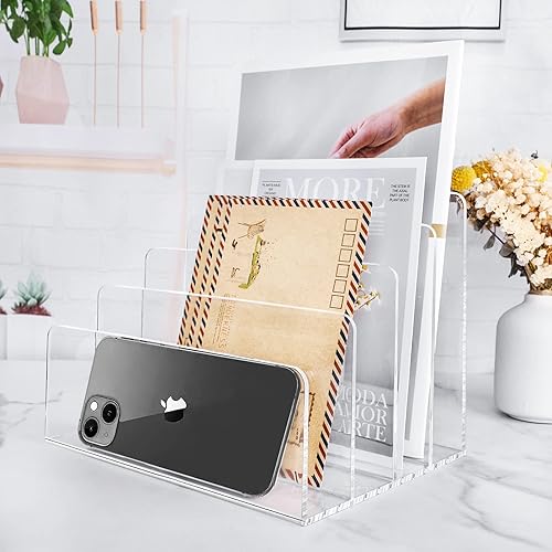 Miniatura 6 de 4 Section Acrylic File Organizer, Clear Acrylic Desk Organizer and Accessories, Sturdy Acrylic File Folder Holder Sorter, Office Supplies for Mail