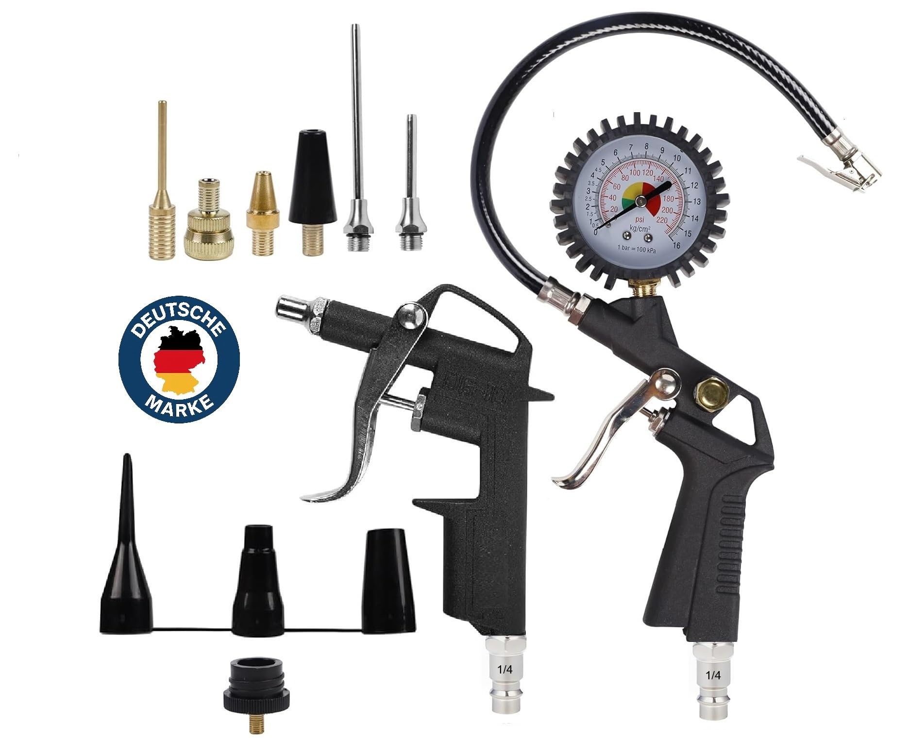 Accesorios para compresor de aire – Juego de 13 piezas con pistola resistente, medidor de 130 PSI y manguera de goma – 1/4 Bsp acoplamiento rápido europeo
