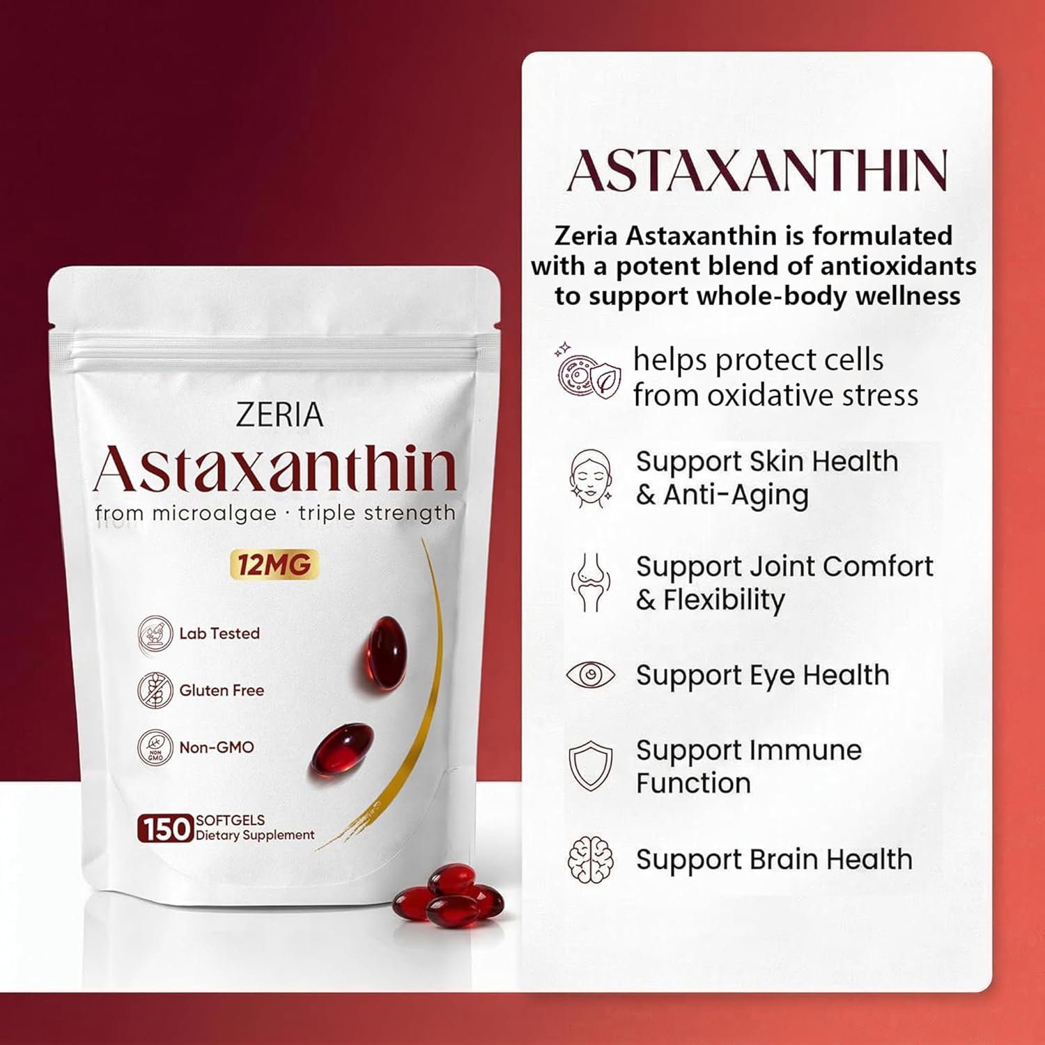 Zeria Astaxanthin 12mg, Natural Microalgae Antioxidant Supplements, Helps Protect Cells from Oxidative Stress, Skin Firmness & Elasticity, Promotes Healthy Skin and Eyes, 150 Softgels
