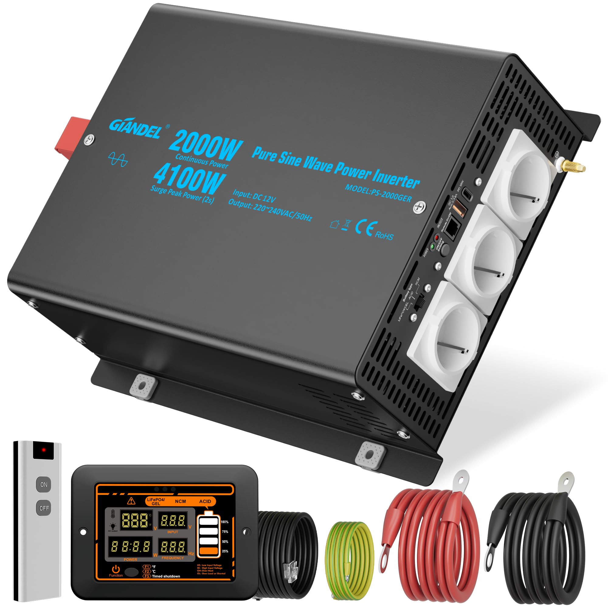 GIANDEL Inverter da 2000 W, 12 V a 230 V, inverter sinusoidale puro, 4100 W, potenza di picco, convertitore di tensione con telecomando LCD, tensione di ingresso regolabile per elettrodomestici