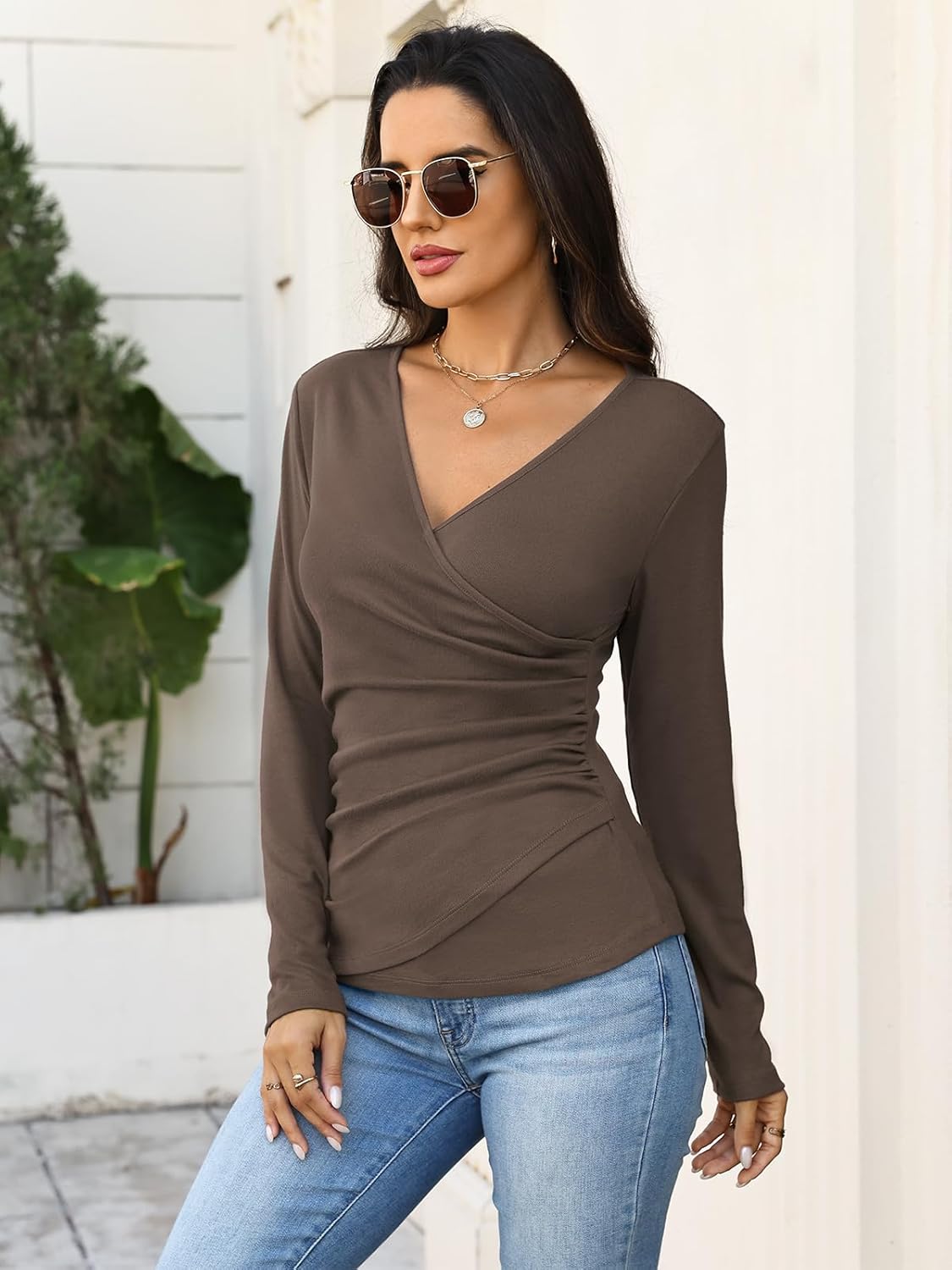 Womens Wrap Long Sleeve Shirts Ruched V Neck Tops Sexy Dressy Slim Fit Fall Outfits 2026 - Image 4