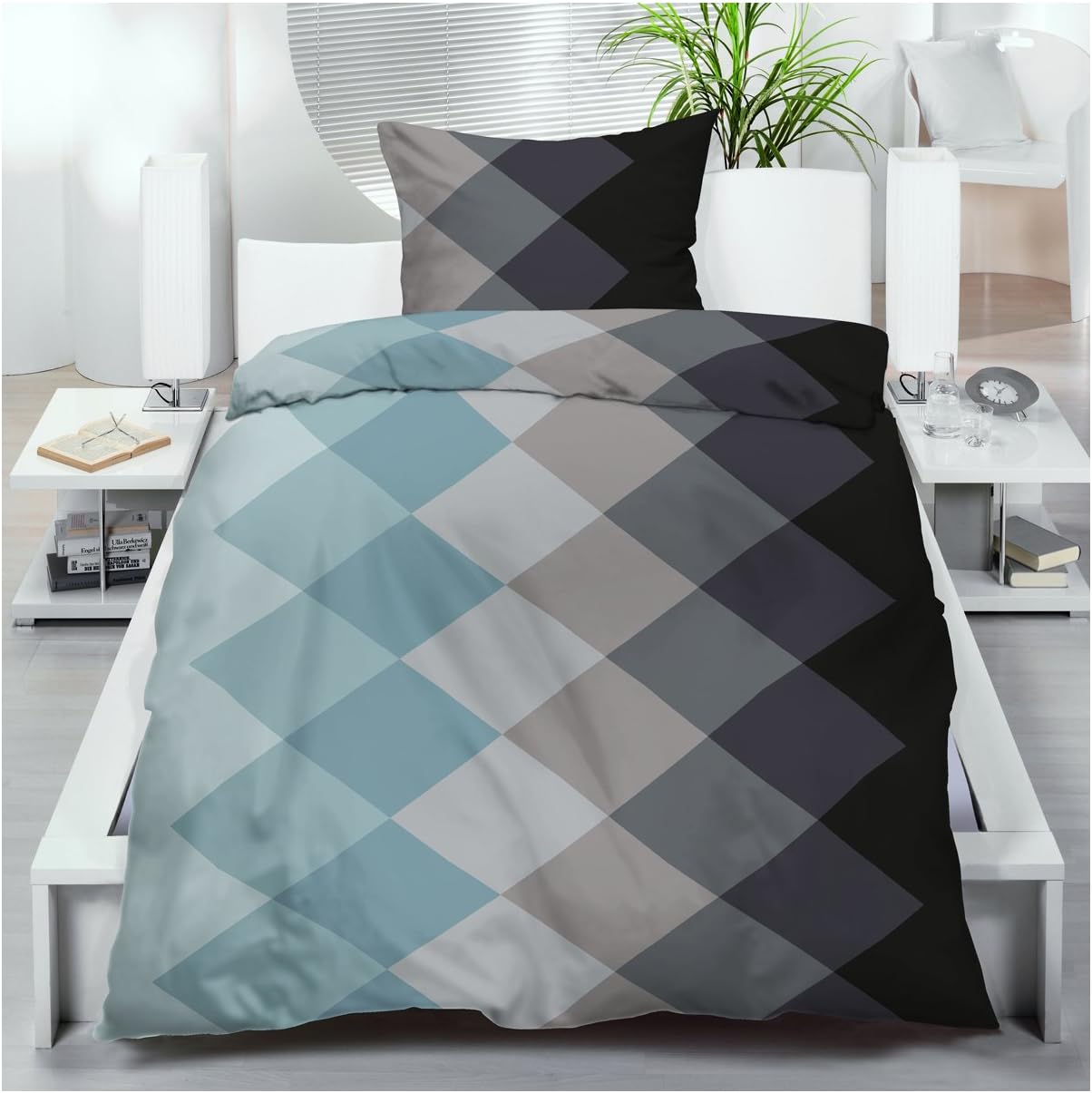 4-Piece Microfibre Bed Linen 135 x 200 cm 2 or Bedding Set Blue Black Diamond Pattern Gradient, Microfibre, multicoloured, 2-teiliges Set