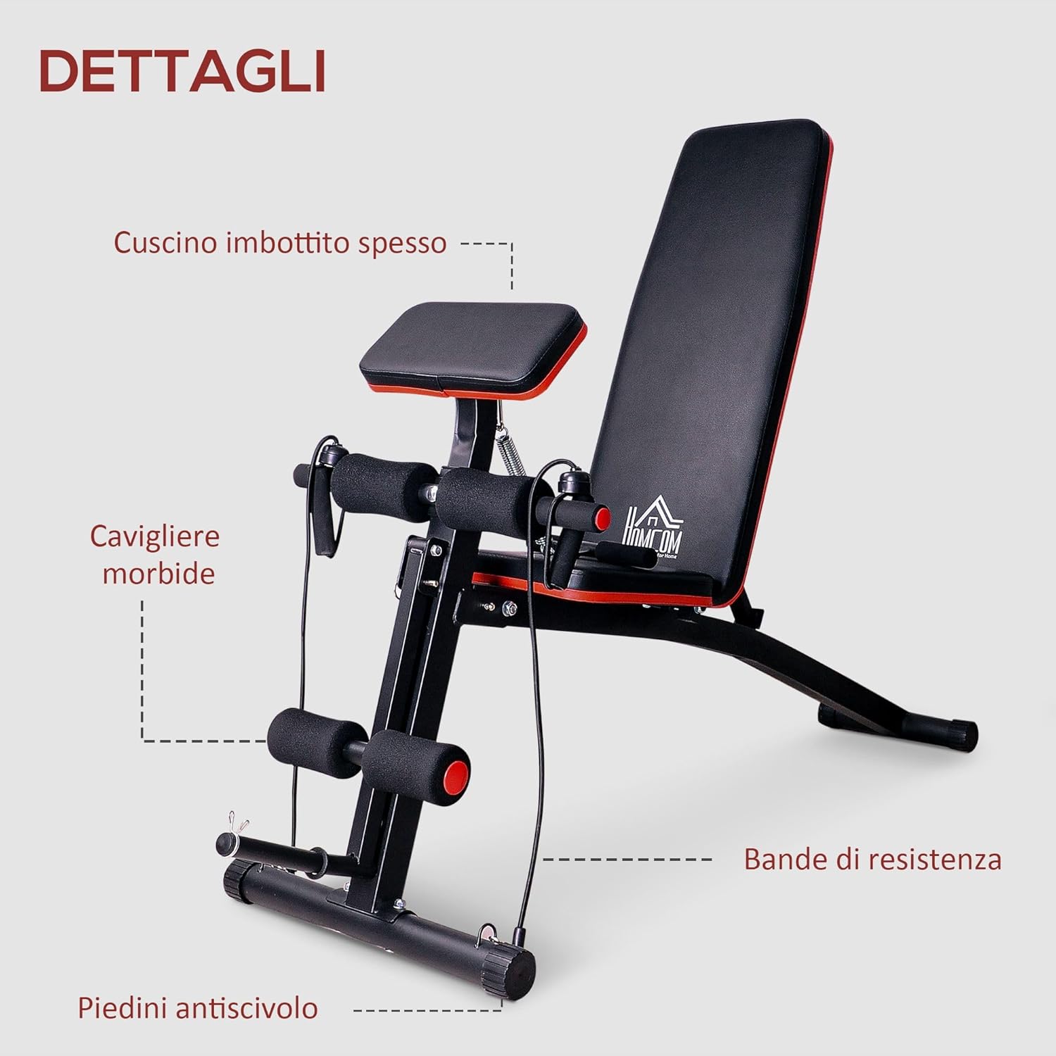 Detallada view of HOMCOM Adjustable Folding Weight Bench components including padded cushion, soft ankle rollers, resistance bands, and non-slip feet.