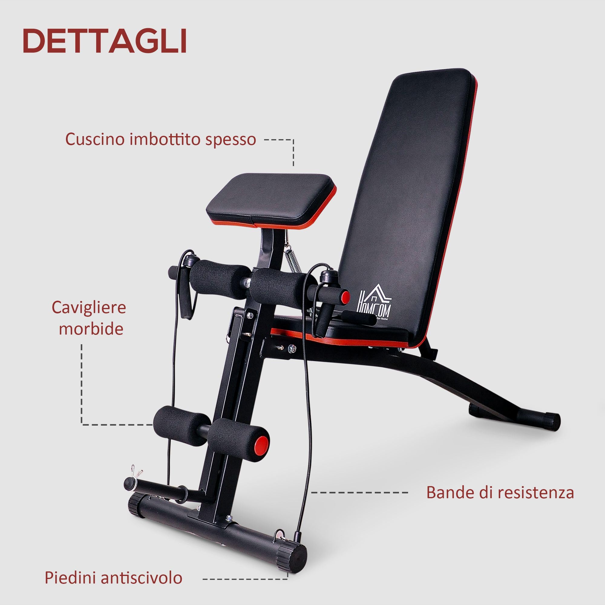 HOMCOM Panca Palestra Pieghevole, Panca Addominali Multifunzione Inclinabile con Schienale Regolabile a 7 Livelli, Macchina Leg Extension, Cuscinetto, Banda di Resistenza, per Allenamento Casa