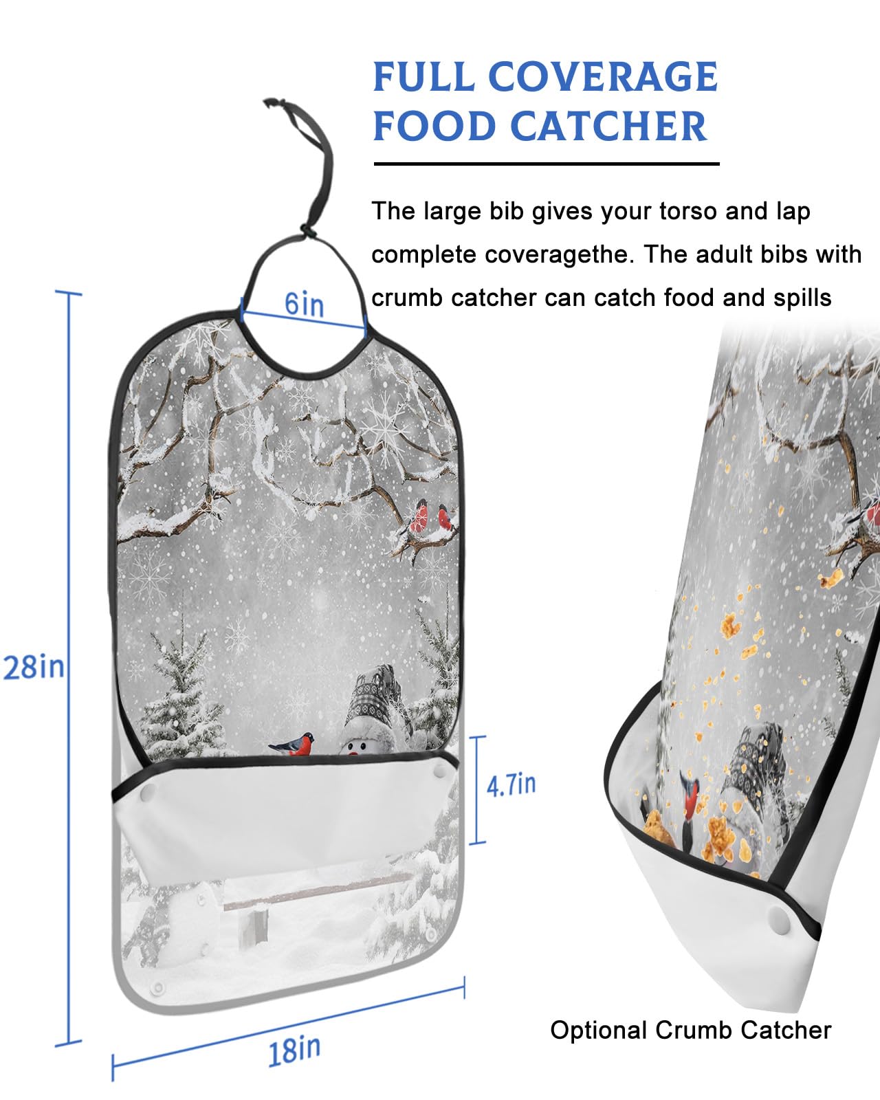 LEOKOTI Grey Snowman Christmas Adult Bibs for Eating, Waterproof Bibs with Food Catcher & Adjustable Snap Closure, Xmas Winter Snowflake Tree Birds Washable Clothing Protectors Adult Bibs for Elderly