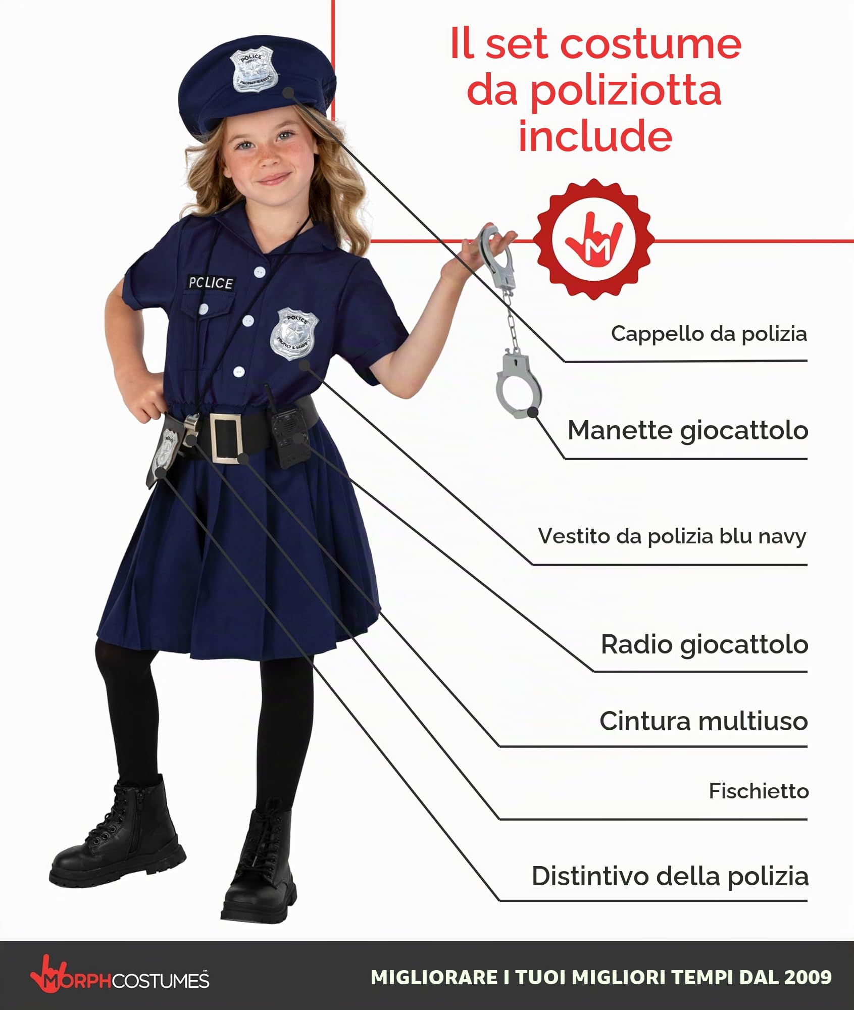 Morph Vestito Poliziotta Bambina, Costume Poliziotta Bambina, Costume Polizia Bambini L