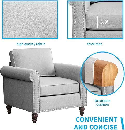 Miniatura 3 de Mjkone Juego de sofá de sala de estar, 2 piezas, sofá seccional, juego de sofá y silla, sofá moderno de lino con marco de madera y formas de