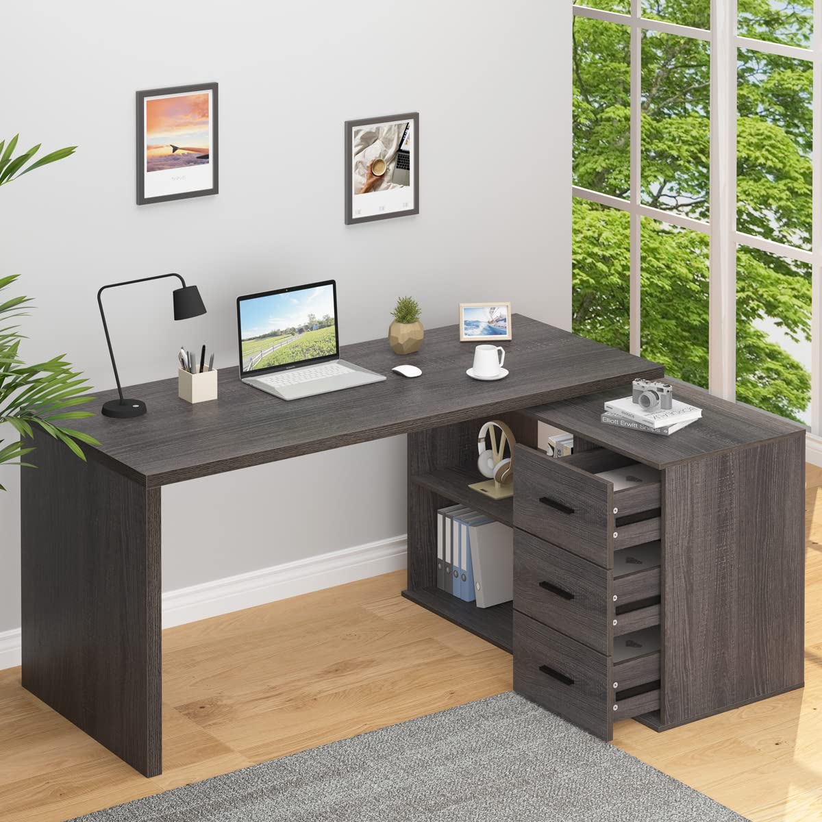 HSH L Shaped Computer Desk with Drawers, 360 Rotating L Shape Desk with Storage Cabinet Shelves, Industrial Home Office Desk for Executive Writing Study Work, Dark Wood Table Swivel Desk, Gray 55 Inch