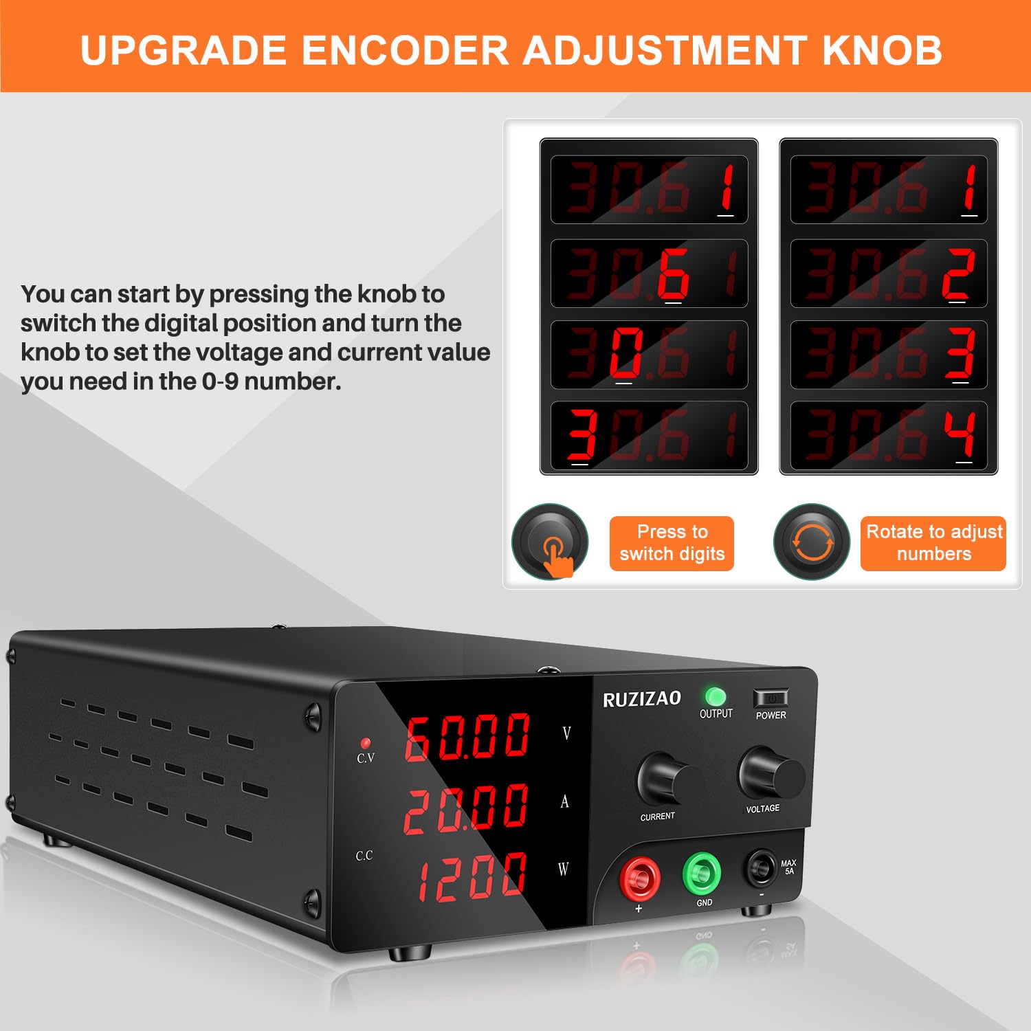Alimentatore da Banco 60V 20A 1200W Alta Potenza Alimentatore da Laboratorio Regolabile con OUTPUT/Encoder, Professionale Alimentatore DC con Display a LED a 4 Cifre e Uscita Stabile