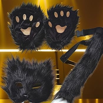 Set Maschera Gatto Con Coda E Guanti | Costume Animaletto Per Halloween | Peluche Morbido | Taglia Unica - Foto 10