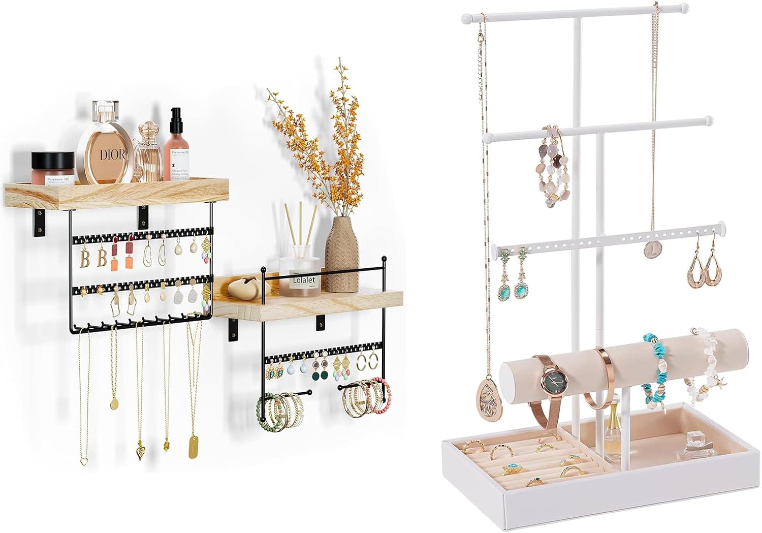 Lolalet Hanging Jewelry Organizer Bundle with Jewelry Holder Tree with Velvet Tray