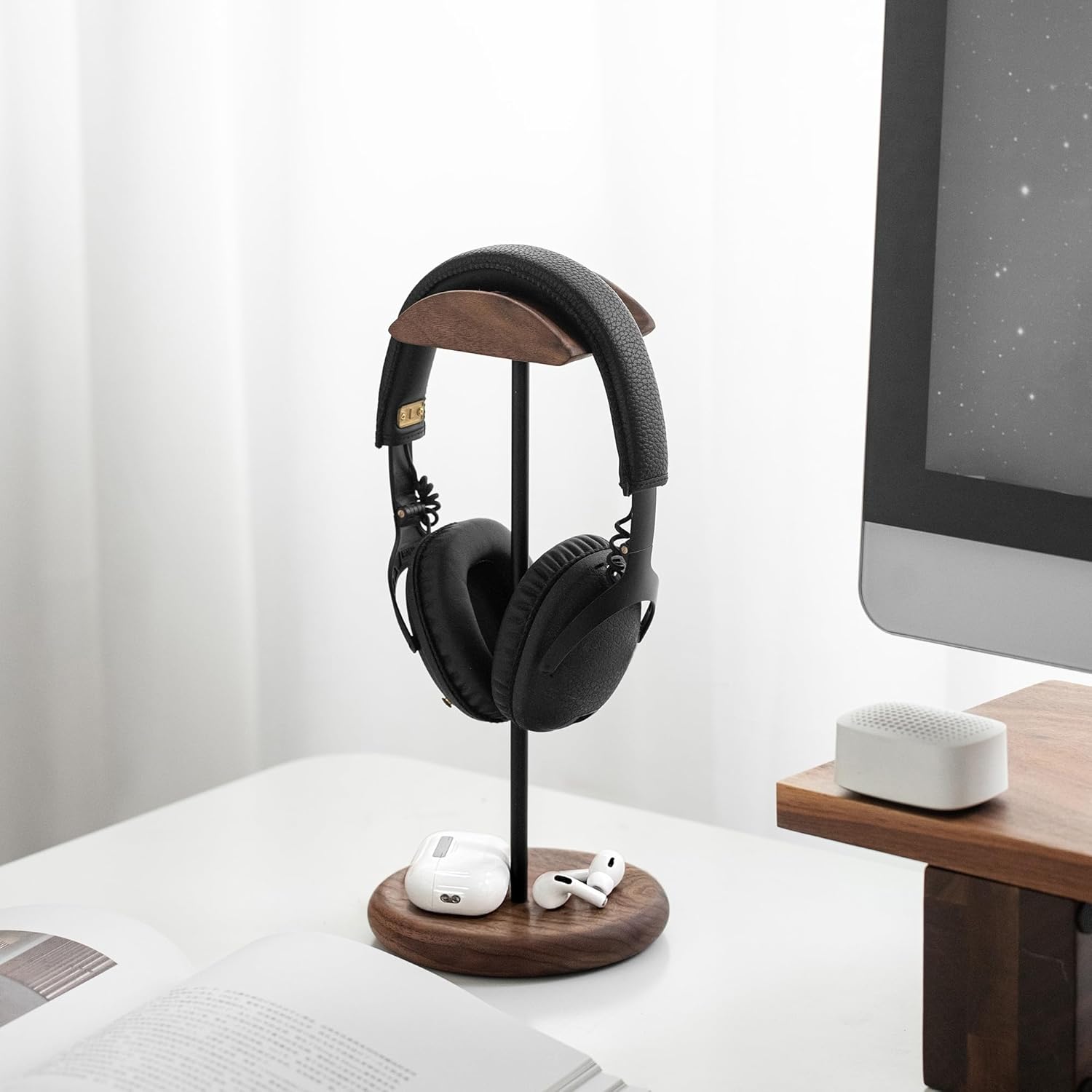 muso wood Walnut Wood & Aluminum Headset Stand, Desktop Headphone Stand, Headset Holder with Anti-Slip Pad, Headphone Holder with Storage Base for Most Gaming Music Headsets