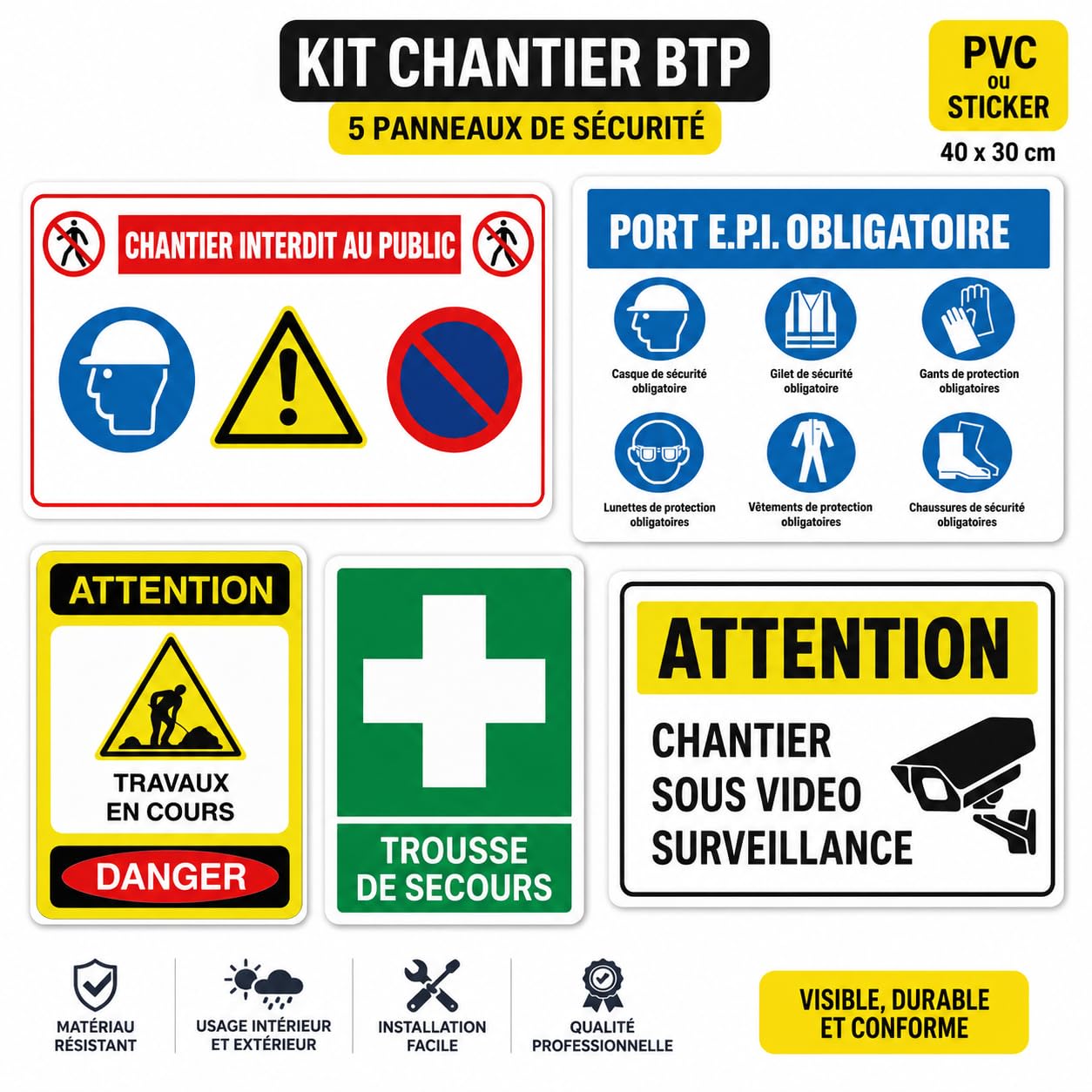 Kit Chantier BTP 5 Panneaux de Sécurité – Signalisation Chantier Professionnelle – Port EPI Obligatoire – Travaux en Cours – Vidéosurveillance – Trousse de Secours – Intérieur Extérieur – PVC 3mm