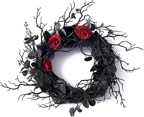 Ochine Corona de Halloween preiluminada de 18 pulgadas para puerta delantera con rosa artificial de cuervo, corona de Halloween negra preiluminada,