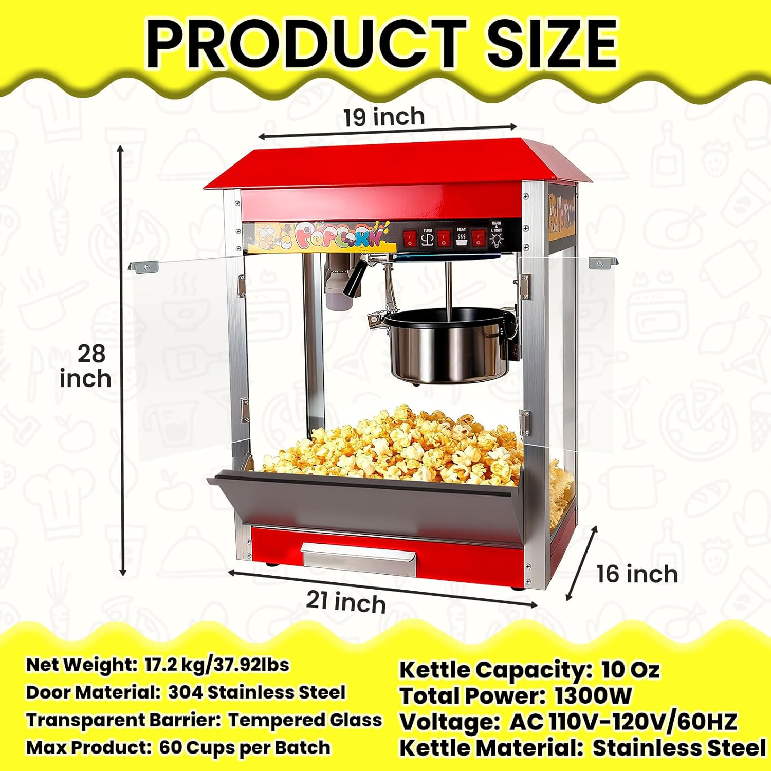 RQR Commercial Popcorn Machine, 10 Oz Removable Kettle Countertop Popcorn Popper with Dual Warm System, 1300W Stainless Steel Popcorn Maker Tempered Glass for Home Theater, Party, Arcade, Snack Stand