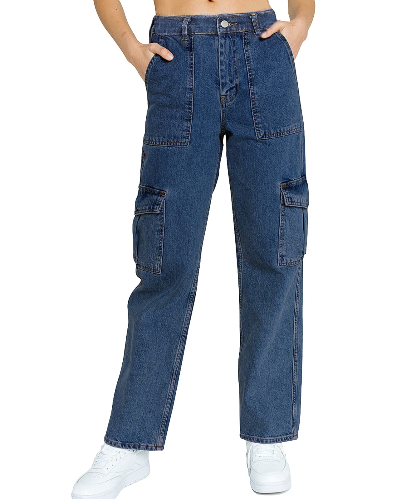 ZENTHACEWomen's Elastic Waist Straight Leg Relaxed Fit Cargo Jeans Utility Casual Denim Cargo Outdoor Pants