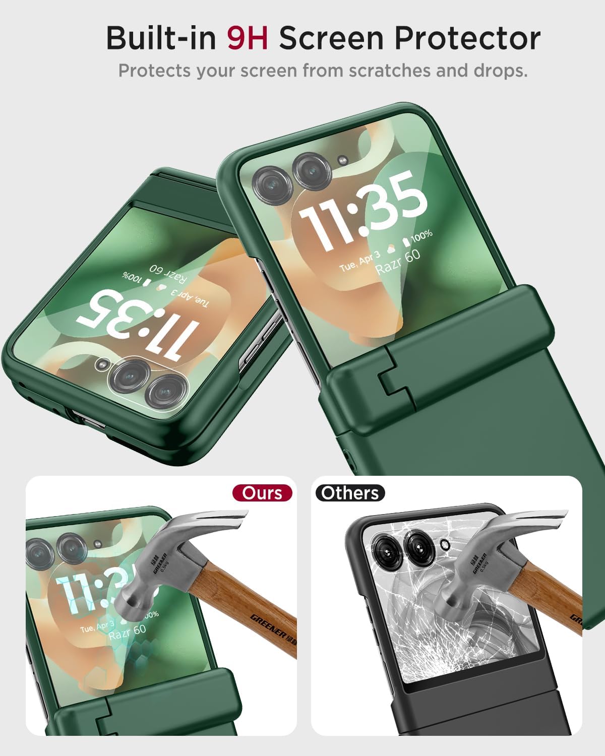 Miimall Slim fit for Moto Razr Case 2025 with Kickstand,[Hinge Protection][Screen and Camera Protector][Military Grade Shockproof] Hard Heavy Duty Grip Phone Cover,Rugged Moto Razr 60 Case Stand,Green