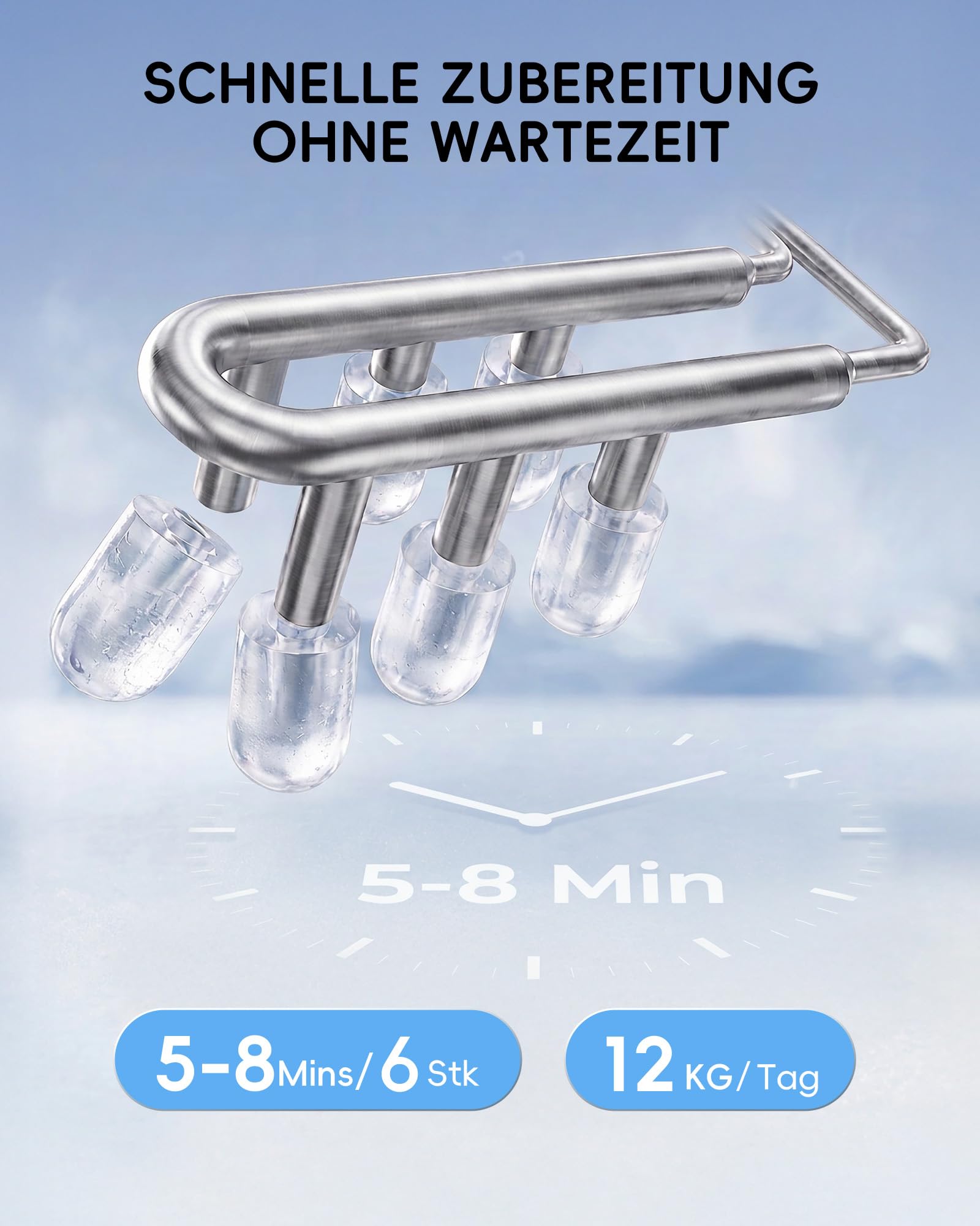 ecozy Eiswürfelmaschine Klein, Tragbar und Kompakt mit Farbdisplay, 24-Stunden-Timer, 12 KG/24H, Eiswürfel in 6 Minuten, 2 Eiswürfelgrößen, Selbstreinigende Ice Maker, Ideal für Küche, Büro, Partys