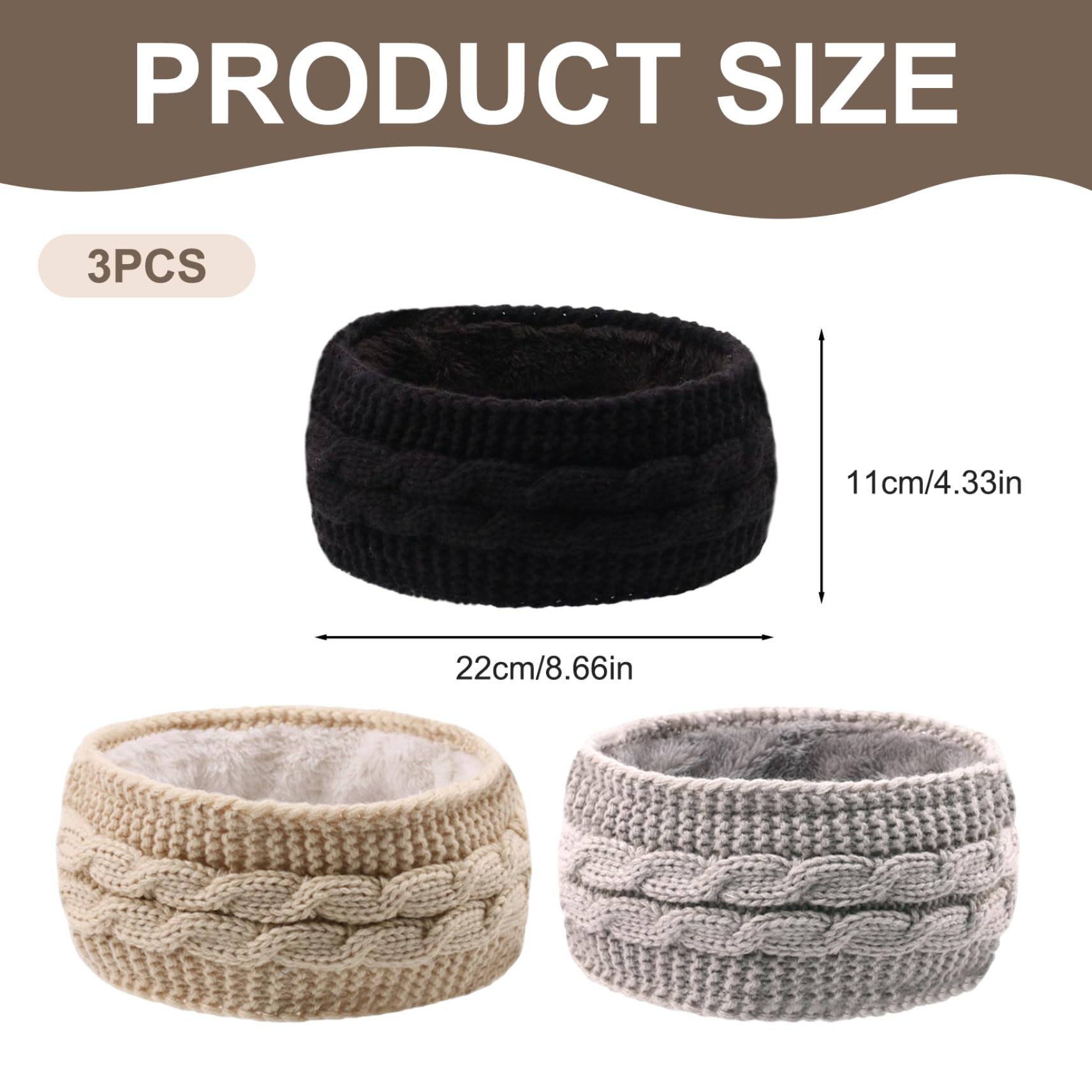 Bandeau d'hiver 3pcs Bandeau de Toison à Toison Chaud élastique Élastique Bandeaux Larges tricus pour Les Femmes Bandeaux Polyvalents pour Le Ski, Le Snowboard, Le vélo.