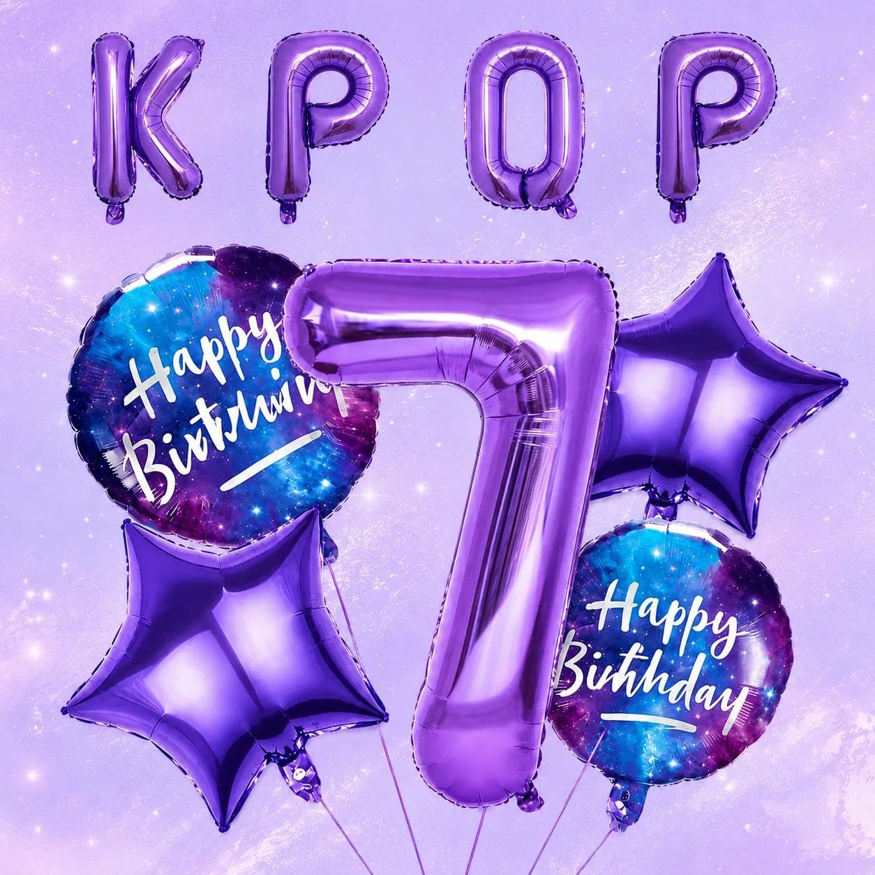 Kpop 7th Birthday Decorations for Girls Boys, 9Pcs Foil Party Balloons Set, Including Large 7 balloon, Letter Balloons, Star Balloons & Ball Balloons for 7 Birthday Celebrations