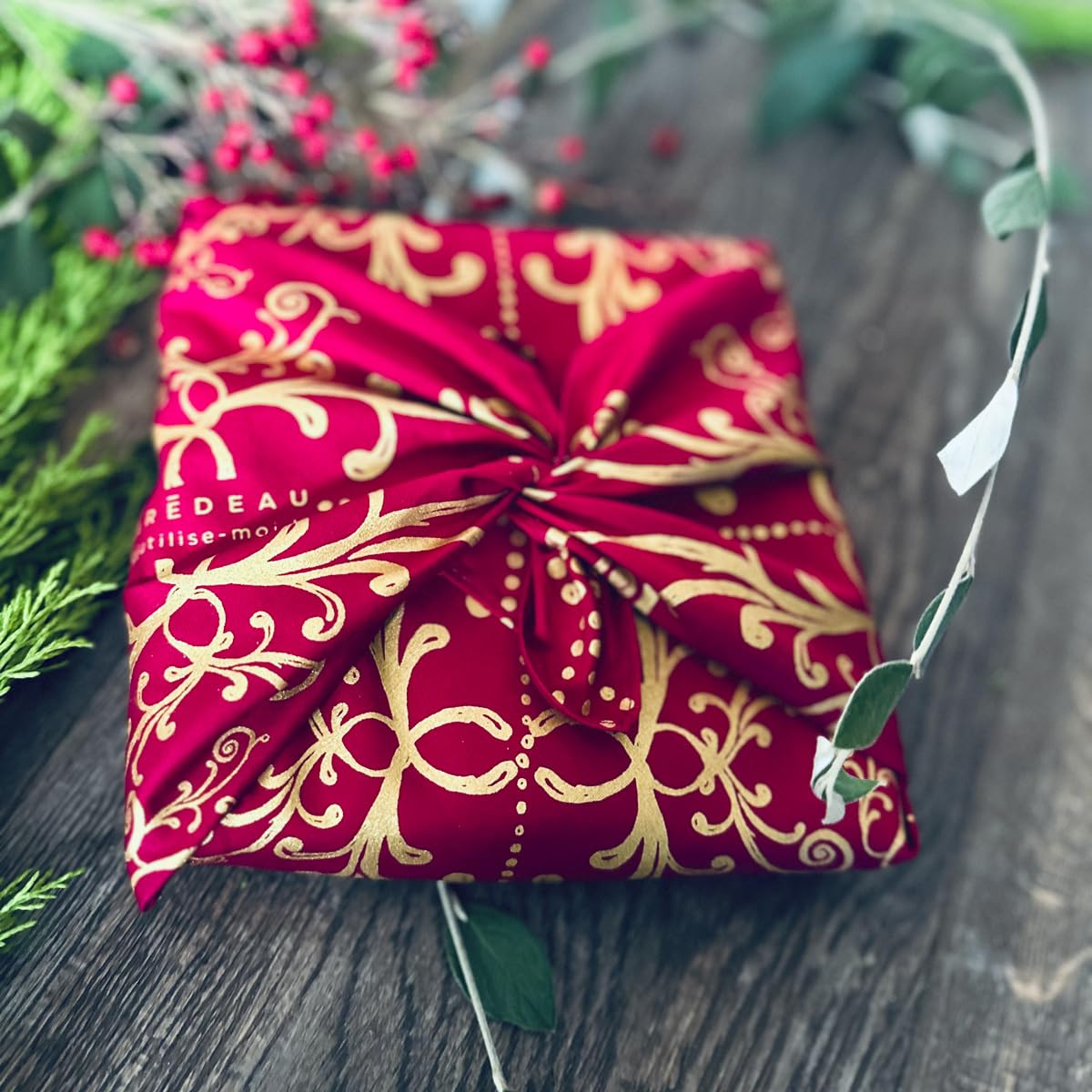 Set Of 3 Reusable Gift Paper Wraps Recycled Cotton Furoshiki Fabric Ecological Carédeau Family Pack 'Beauty' In Pine Green Size S, M And L French Designer
