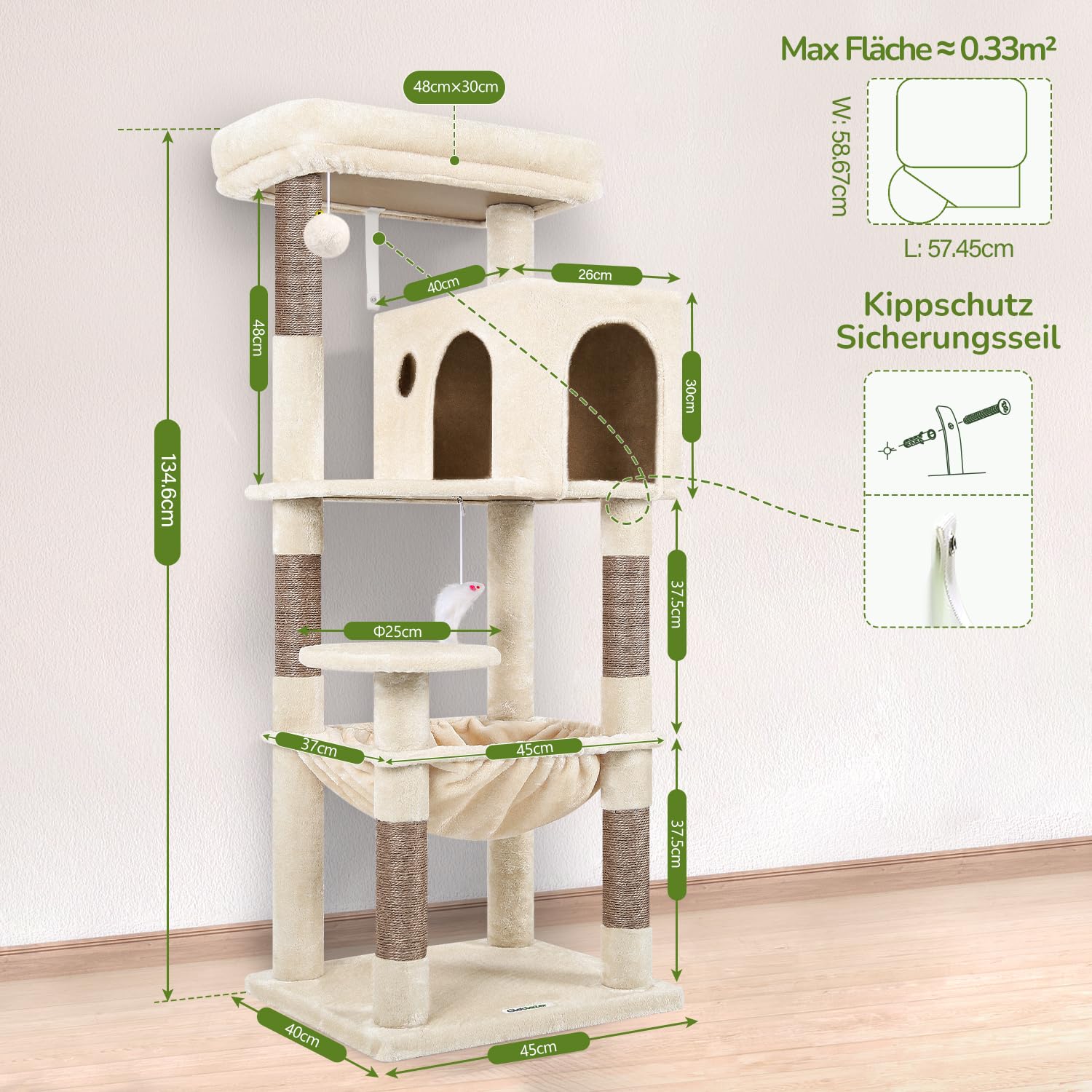 Globlazer Kratzbaum Beige mit Extragroße Hängematte 45 * 40cm, Große Katzenhaus, Gepolsterte Plattform, Leicht Aufzubauender Katzenbaum Innenbereich für Katzen Ausruhen Spielen kratzen F53