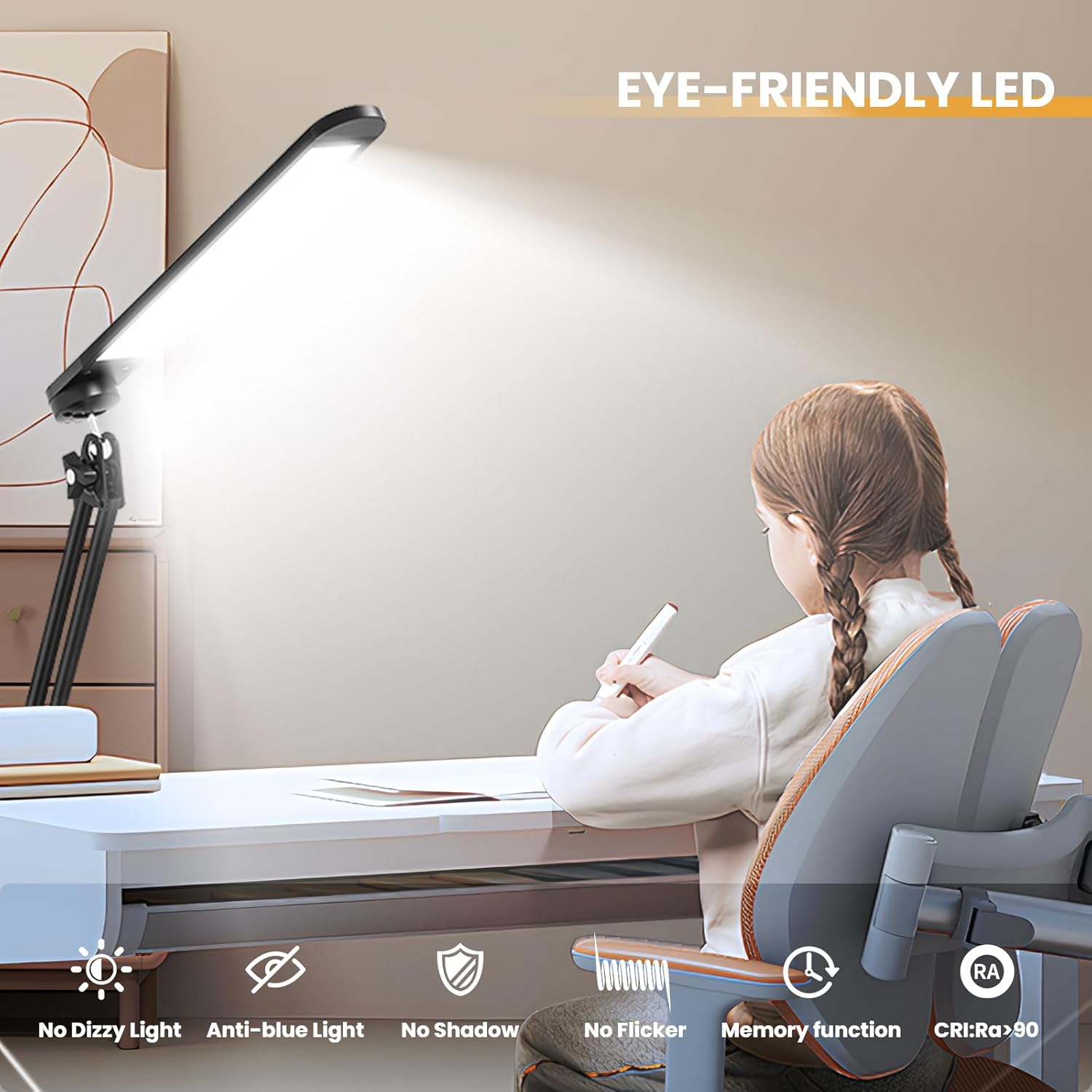 Image showing a person working under the VEYFIY Floor Lamp, with icons highlighting eye-caring features like no dizzy light, anti-blue light, no shadow, no flicker, memory function, and CRI>90
