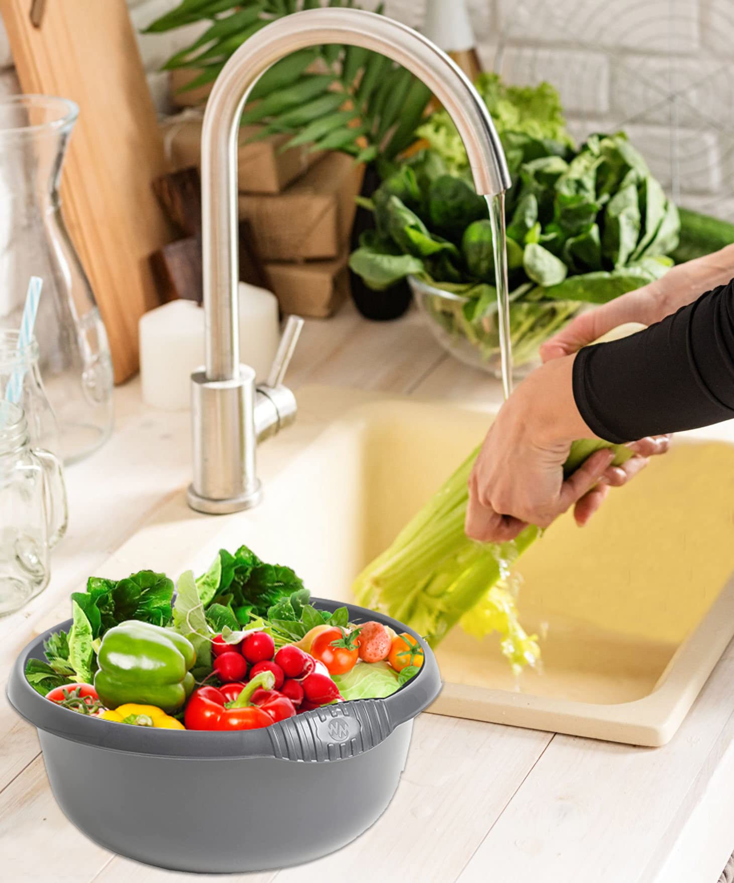 M1SS High Grade Plastic Bowl, 32cm Square, Silver Sage, Kitchen Sink Basin Mixing Washing Up Organizer