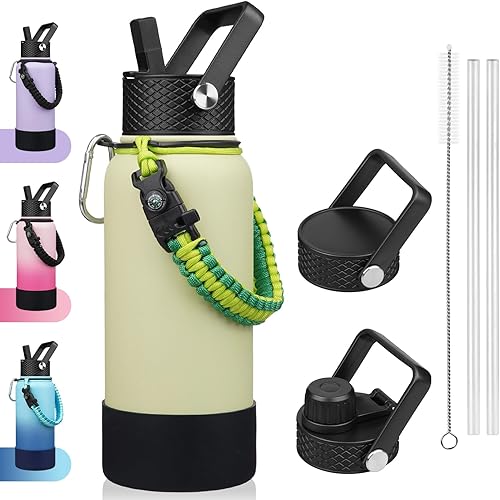 BJPKPK Botellas de agua aisladas de 32 onzas con 3 tapas, mango de paracaídas y funda antideslizante, botella de agua de metal de acero inoxidable,