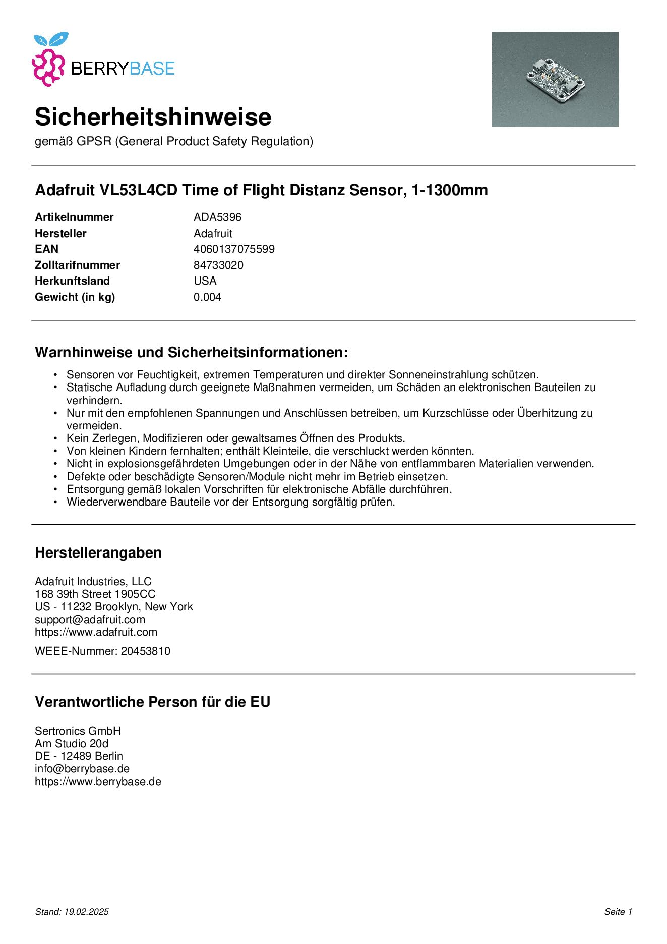 Stemma QT/Qwiic Ada 5396 VL53L4CD Capteur de distance de vol ~ 1 à 1 300 mm