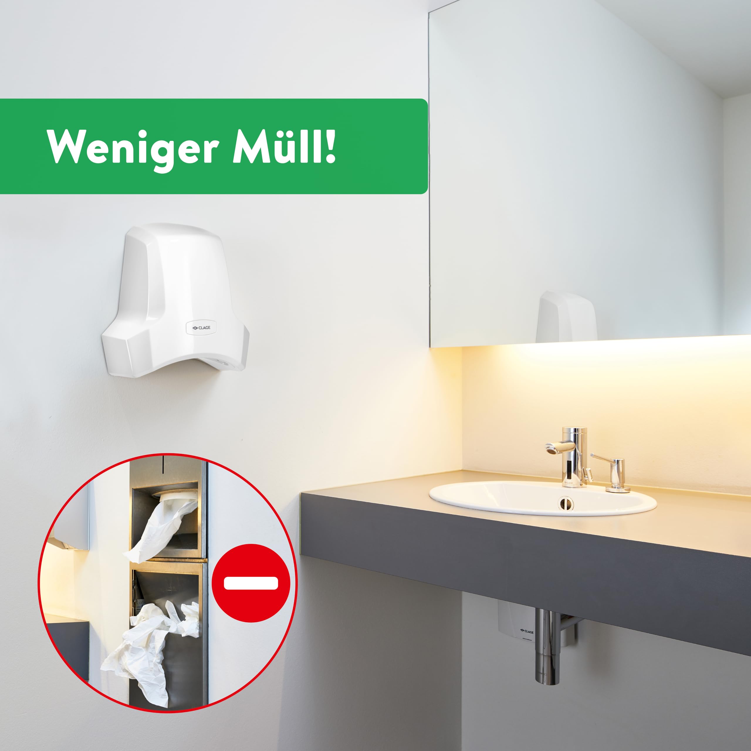 CLAGE WHT Warmlufthändetrockner – Hygienischer & energieeffizienter Händetrockner mit Warmluft – Leistungsstark, geräuscharm & langlebig – Perfekt für Büro, Gastronomie & öffentliche Bereiche