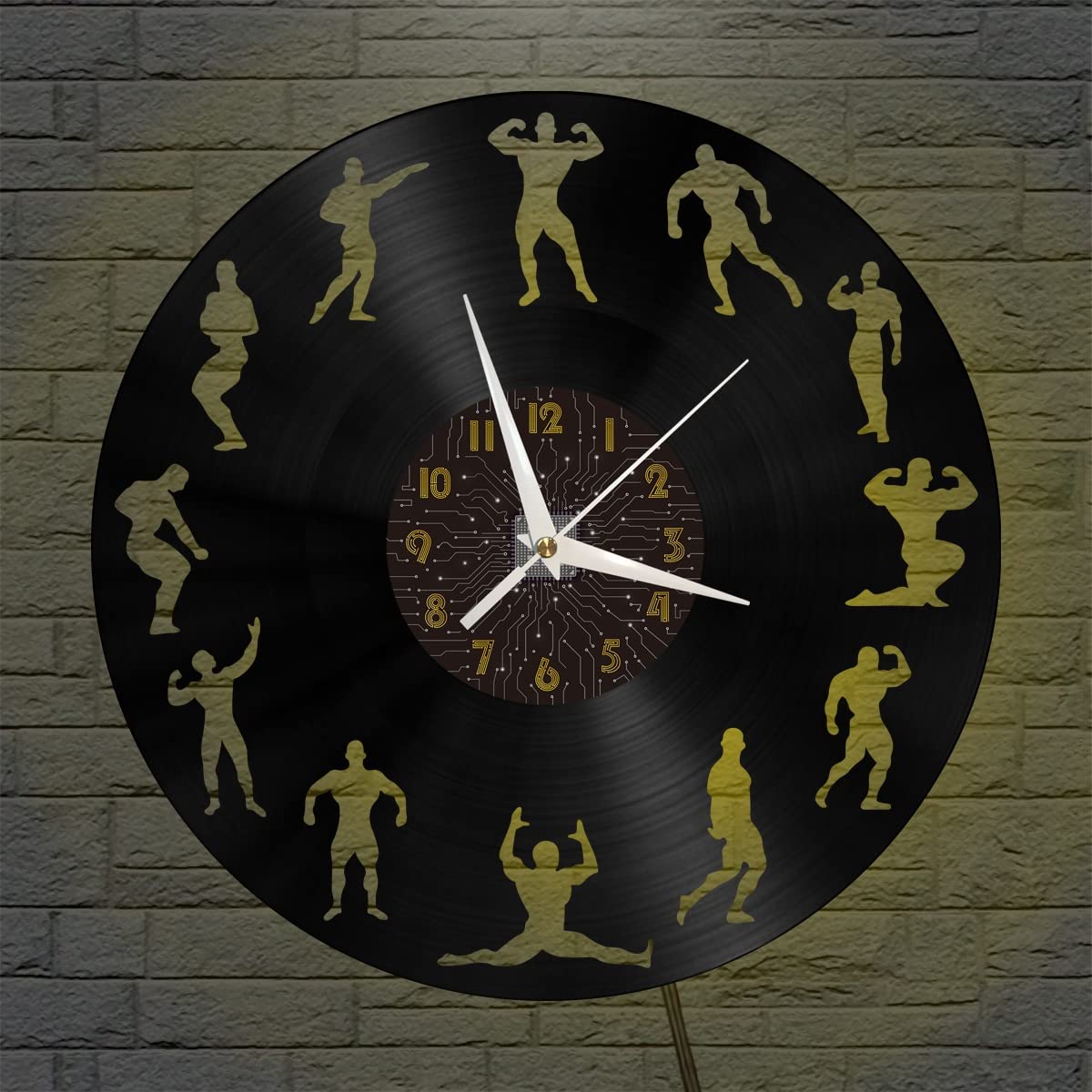 Horloge murale vinyle fitness noire de 30 cm avec veilleuse LED décorative