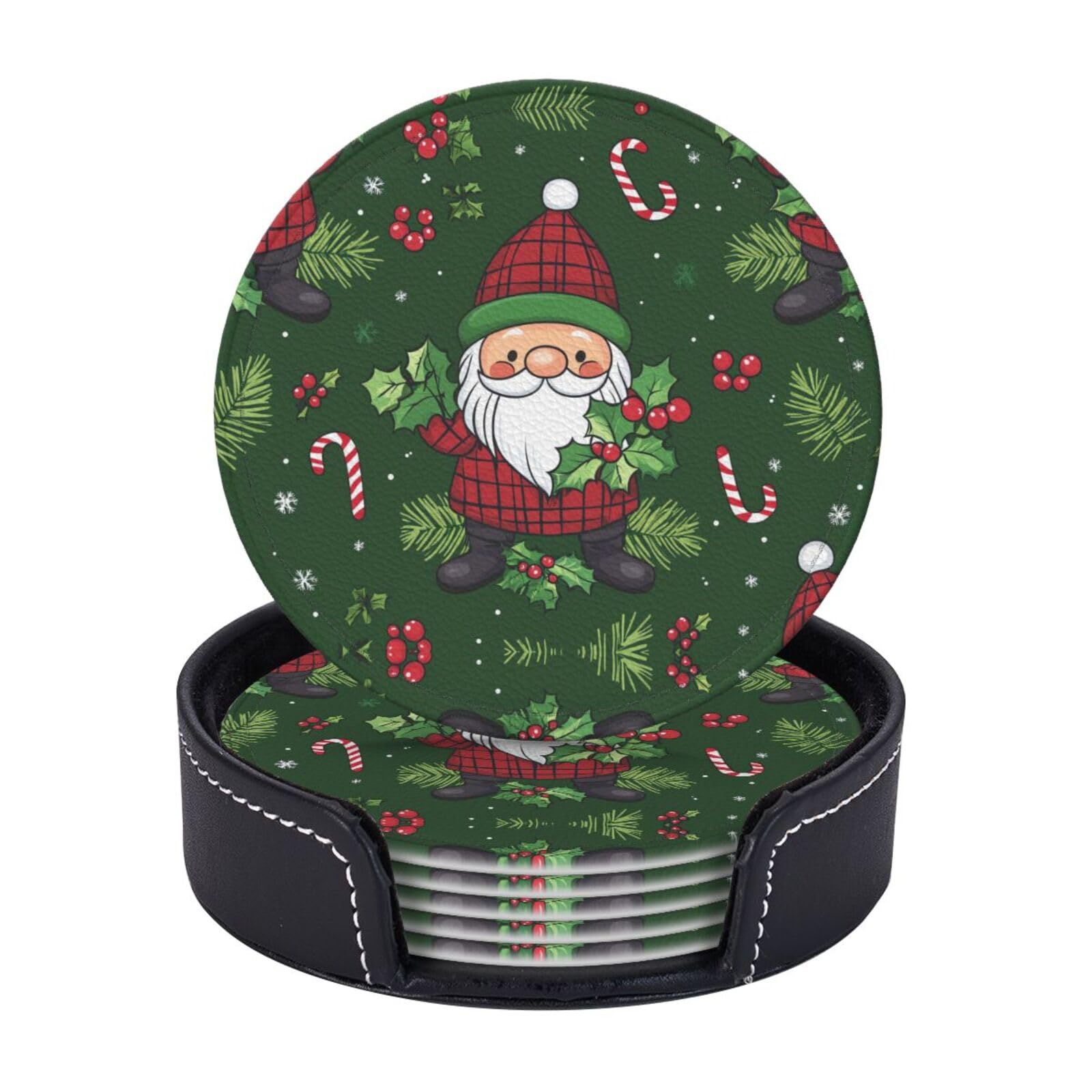 6 Pack Xmas Gnomes Green Leather Coasters for Drinks with Holder Sets Cute New Year Heat Resistant Drink Table Cup Coasters for Kitchen Dining Cafe Xmas Table Decor Round
