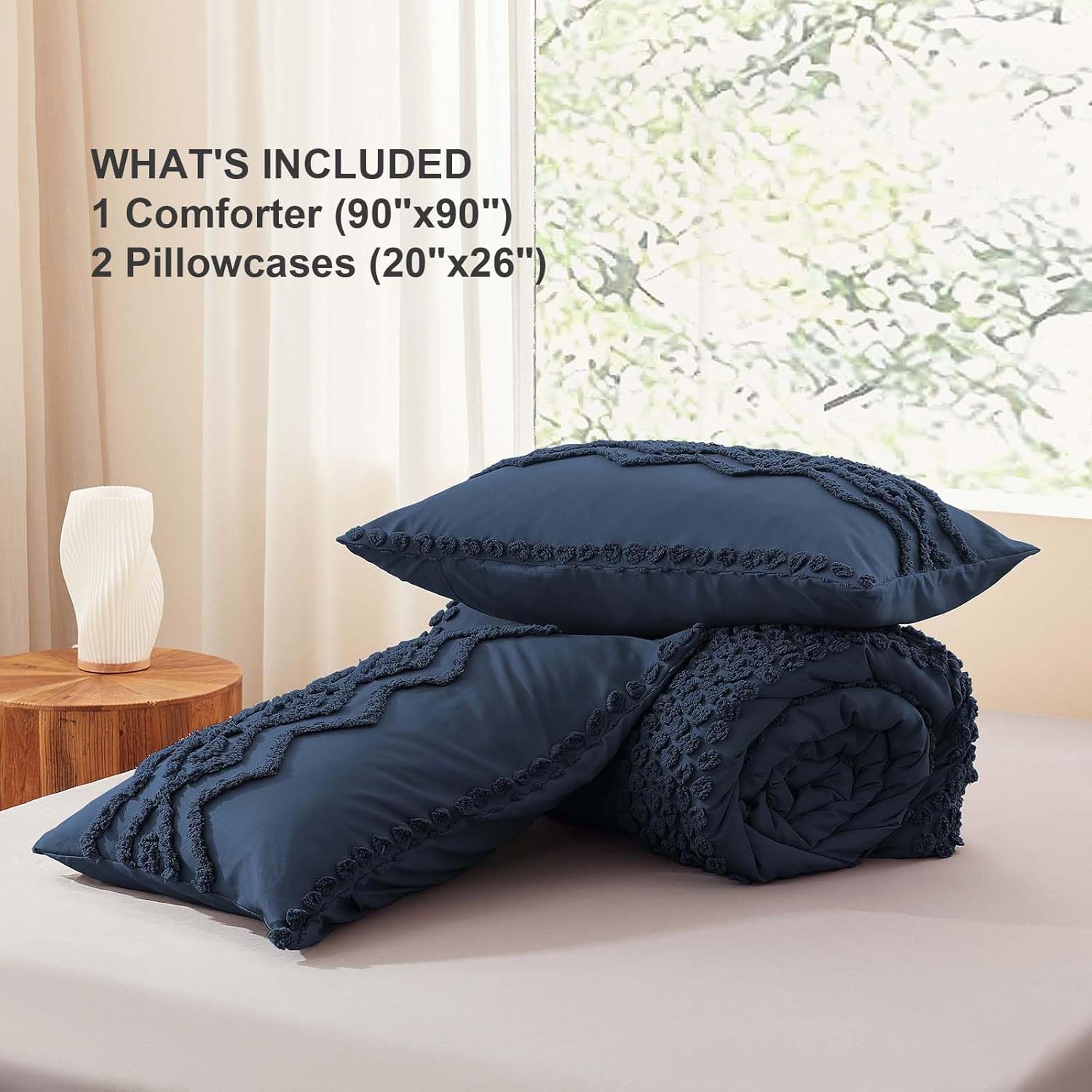 Luxudecor Navy Blue Boho Tufted Comforter Set Queen Size 3 Pieces Boho Shabby Chic Comforter Farmhouse Embroidery Bedding Set Soft Comforter for All Seasons (Navy Blue, 90''x90'') - Image 7