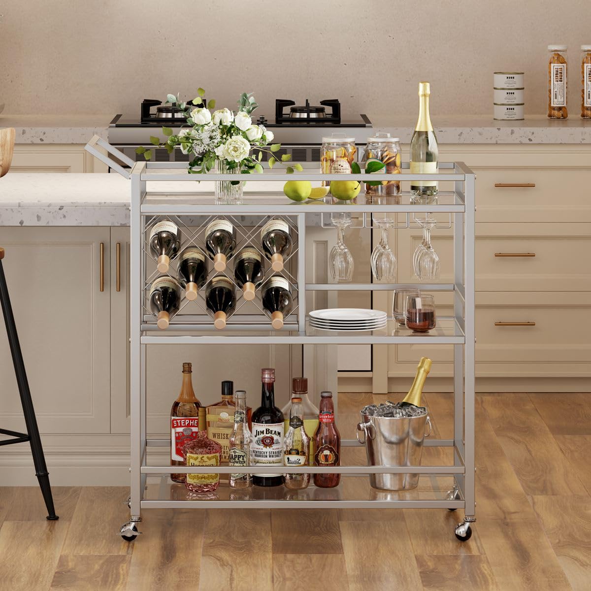 FATORRI Bar Carts for The Home, Home Bar Serving Carts on Wheels for Liquor and Alcohol, Rolling Wine Cart and Drink Trolley with Wine Rack and Glass Holders (Silver)