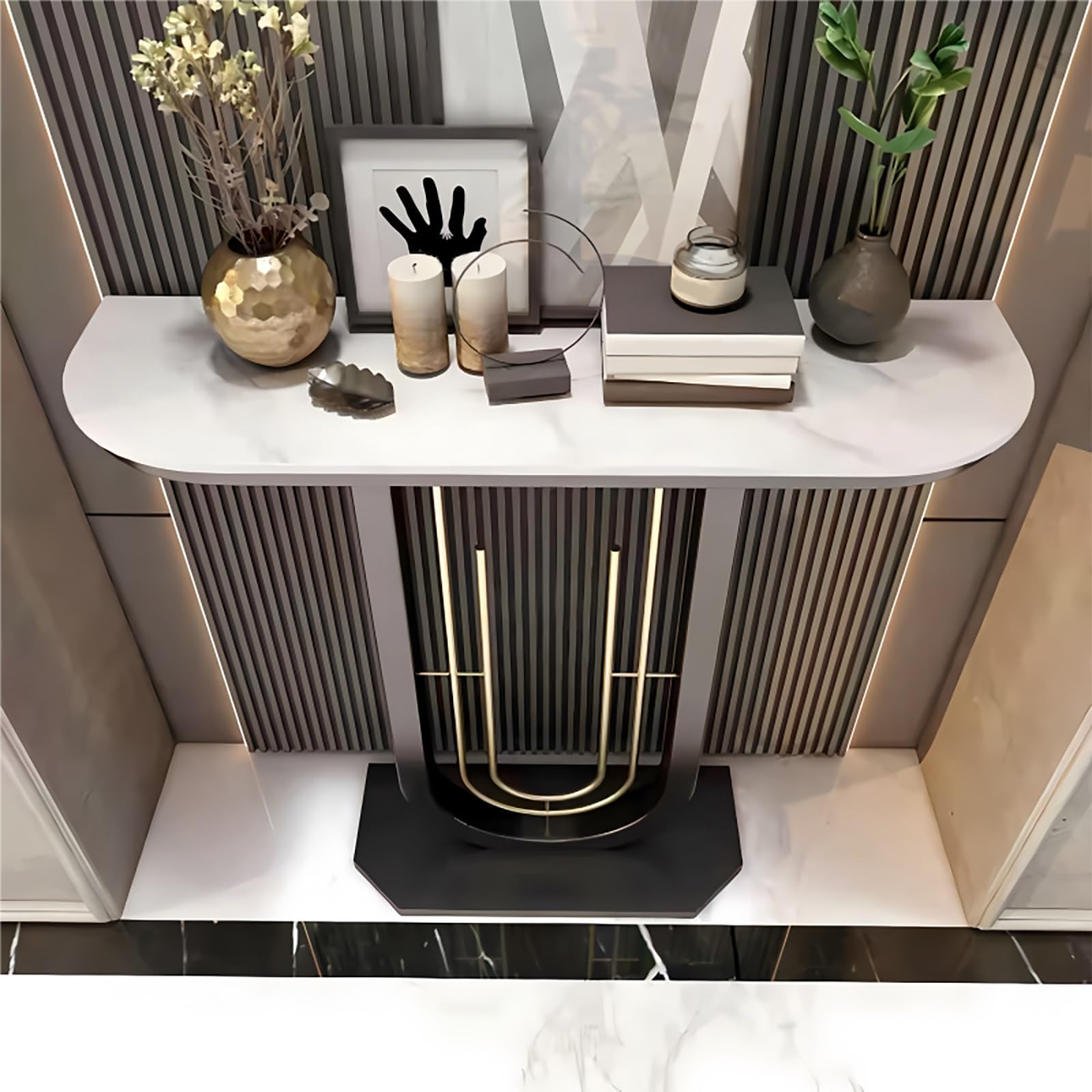 Consolle A Mezzaluna in Pietra Sinterizzata | Tavolo Stretto Salvaspazio Per Ingresso Con Telaio Metallico Dorato A Forma Di U, Per Atri E Corridoi Di(White,80cm/31.5in)