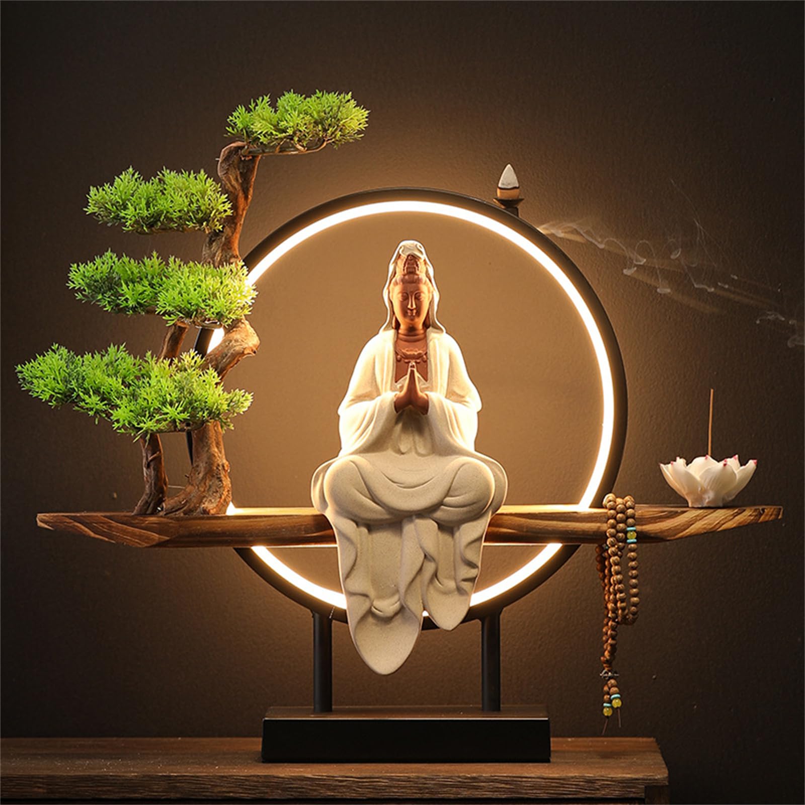 GAENZA Estatua De Buda Kwan Yin De Cerámica, Quemador De Incienso para Interiores con Anillo De Luz LED, Figura Decorativa De Buda con Forma De Bonsái, Decoración para El Jardín Y La Oficina,06