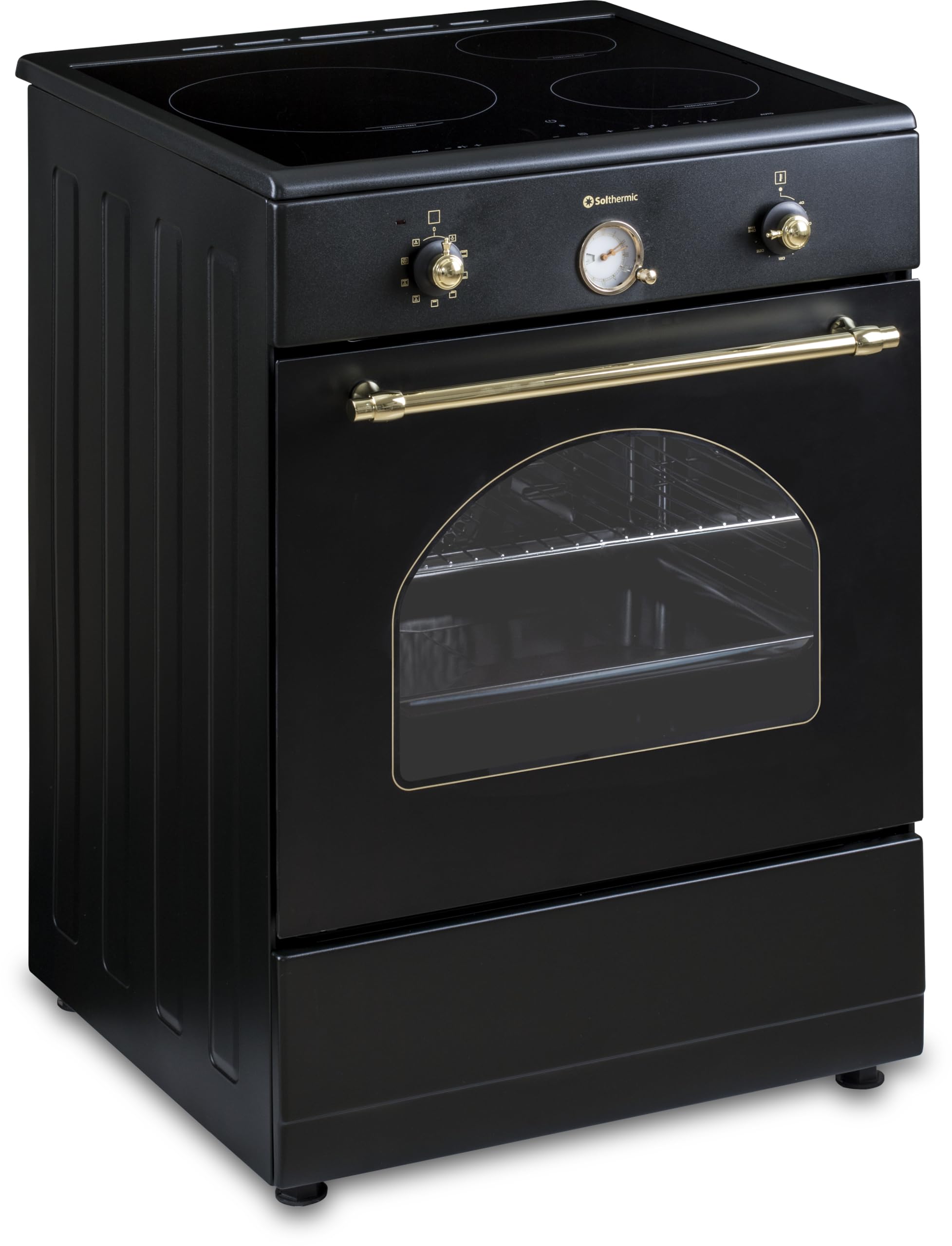 INDUCCION COCINA SOLTHERMIC 60x60 VTI60 NEGRA ACABADOS DORADOS/HORNO GRAN CAPACIDAD CON TURBO 60L / FUNCIONES BOOSTER, ALTA POTENCIA, CALENTAMIENTO RÁPIDO / 3 ZONAS (1 GRAN ZONA) / BAJO CONSUMO (A)