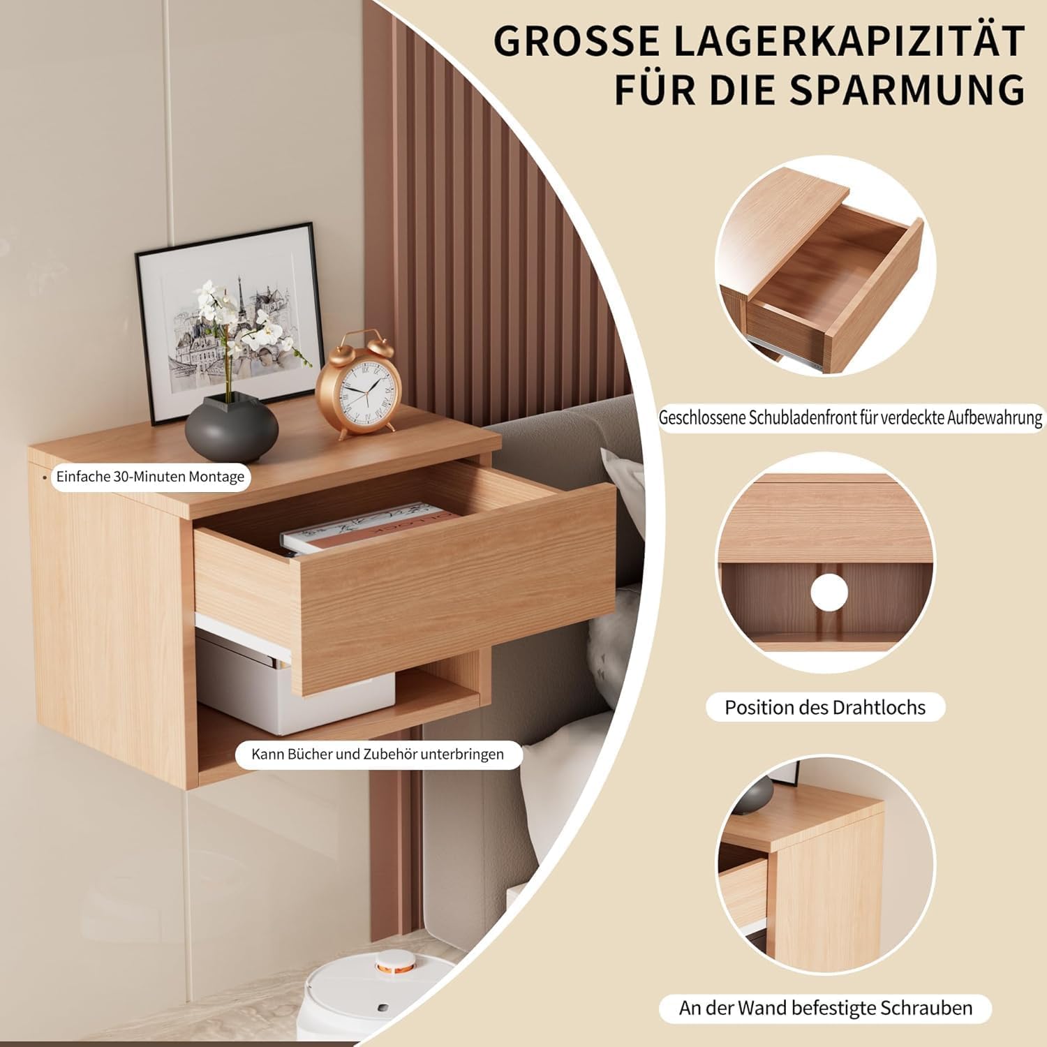 Kiseely Nachttisch hängende, Schwebender Nachtschrank mit Schubladen und viel Stauraum, hölzerner Nachttisch Regal, Beistelltisch Holz moderner für Schlafzimmer (Buche TY3, 2 Packs)