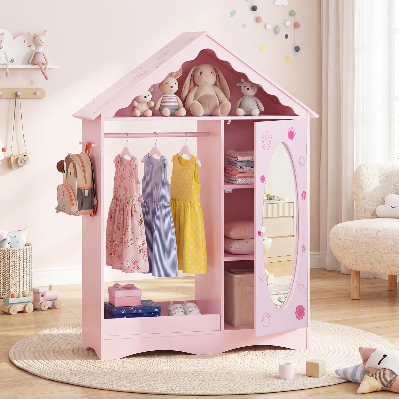 COSTWAY Armadio con Specchio per Bambini, Guardaroba Coperto con Appendiabiti Aperto, Scaffali e Ganci, Armadio e Organizzatore di Costumi per Camera da Letto e Stanza dei Giochi (Rosa)
