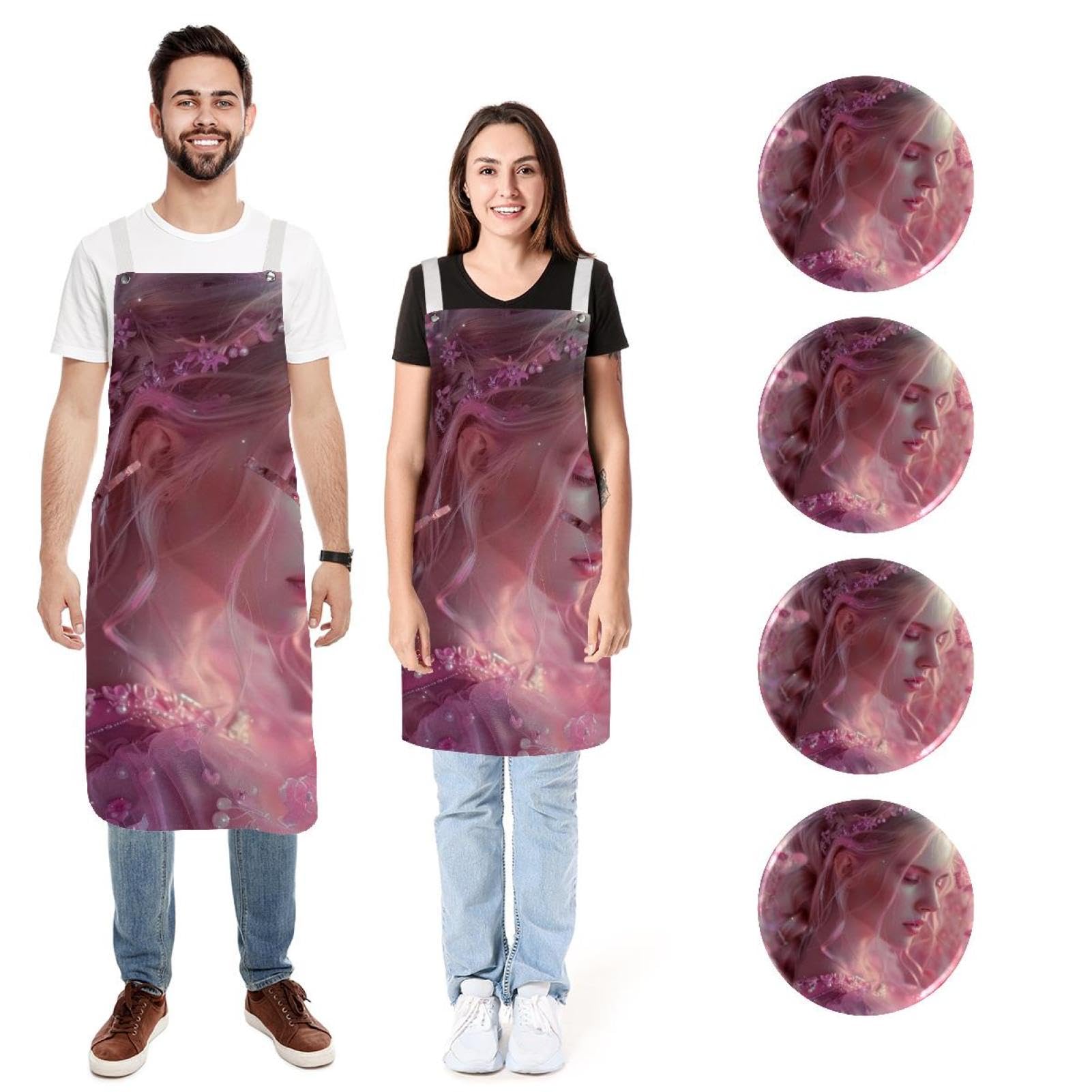 Lot de 2 tabliers de cuisine imperméables et réglables avec 2 poches pour homme et femme Motif princesse Rose, Princesse Fleur Rose, L:26.2x34.6in/66.5x88cm;M:26.2x26.6in/66.5x67.5cm